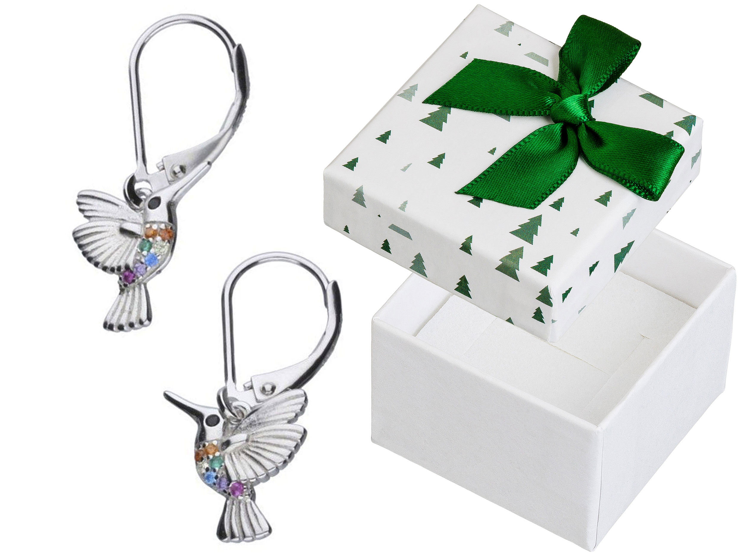 Stříbrné Náušnice Závěsné ptáci se zirkony Anglické zapínání Kolibřík 925