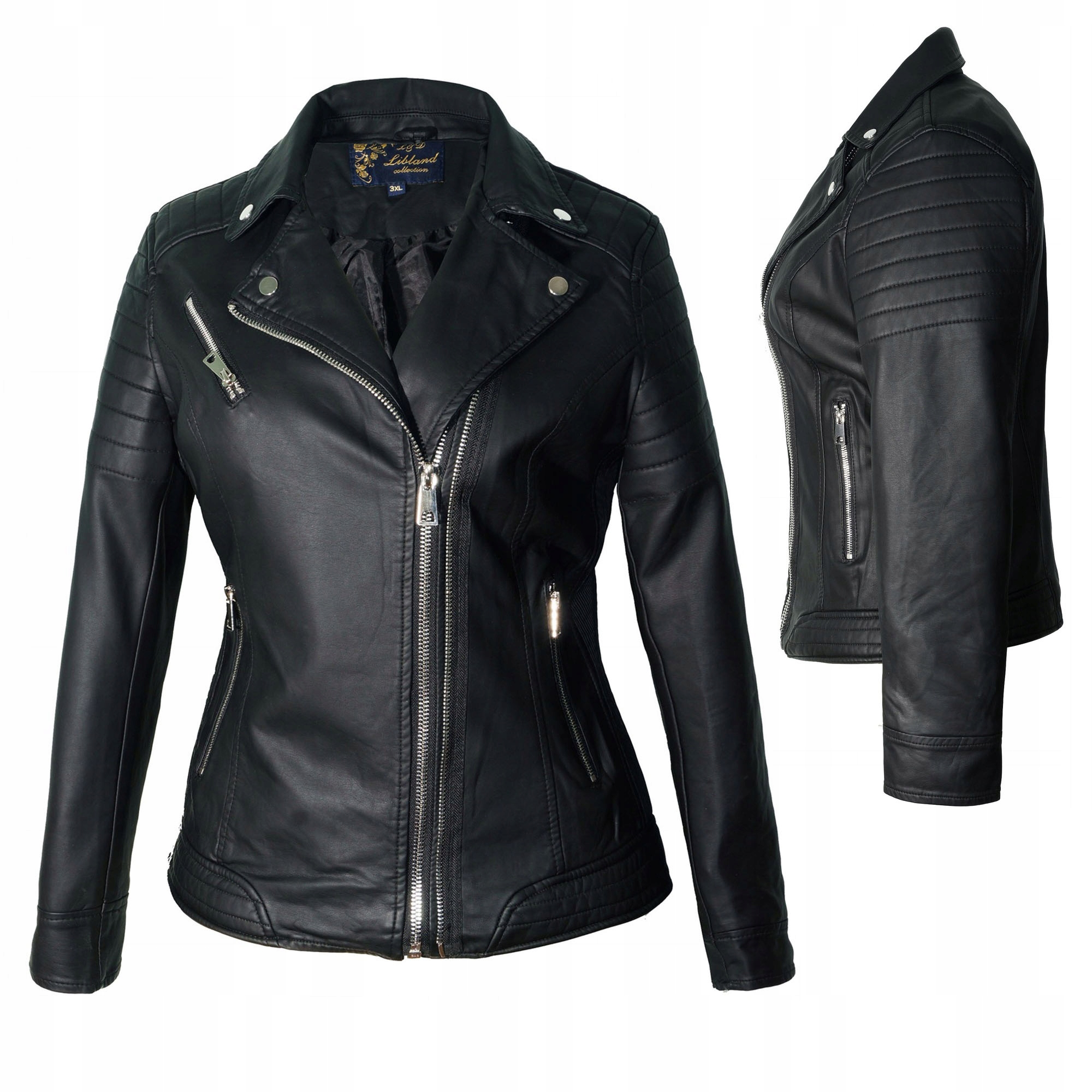 Kurtka damska Ramoneska Ekoskóra Eko Skóra Czarna srebrne zamki 4XL 48