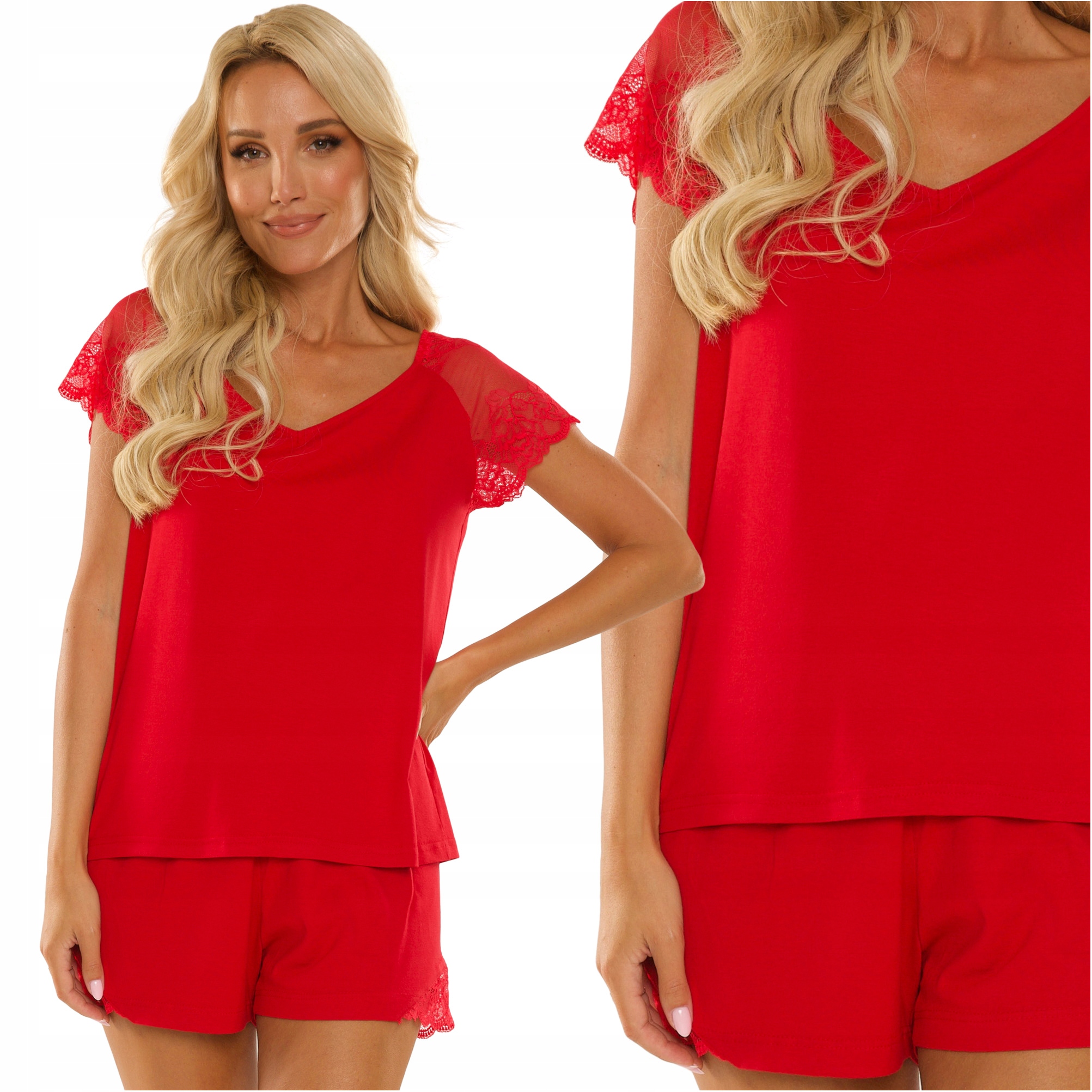 Piżama damska z wiskozy z koronką De Lafense Dagmara 625 czerwona L 40