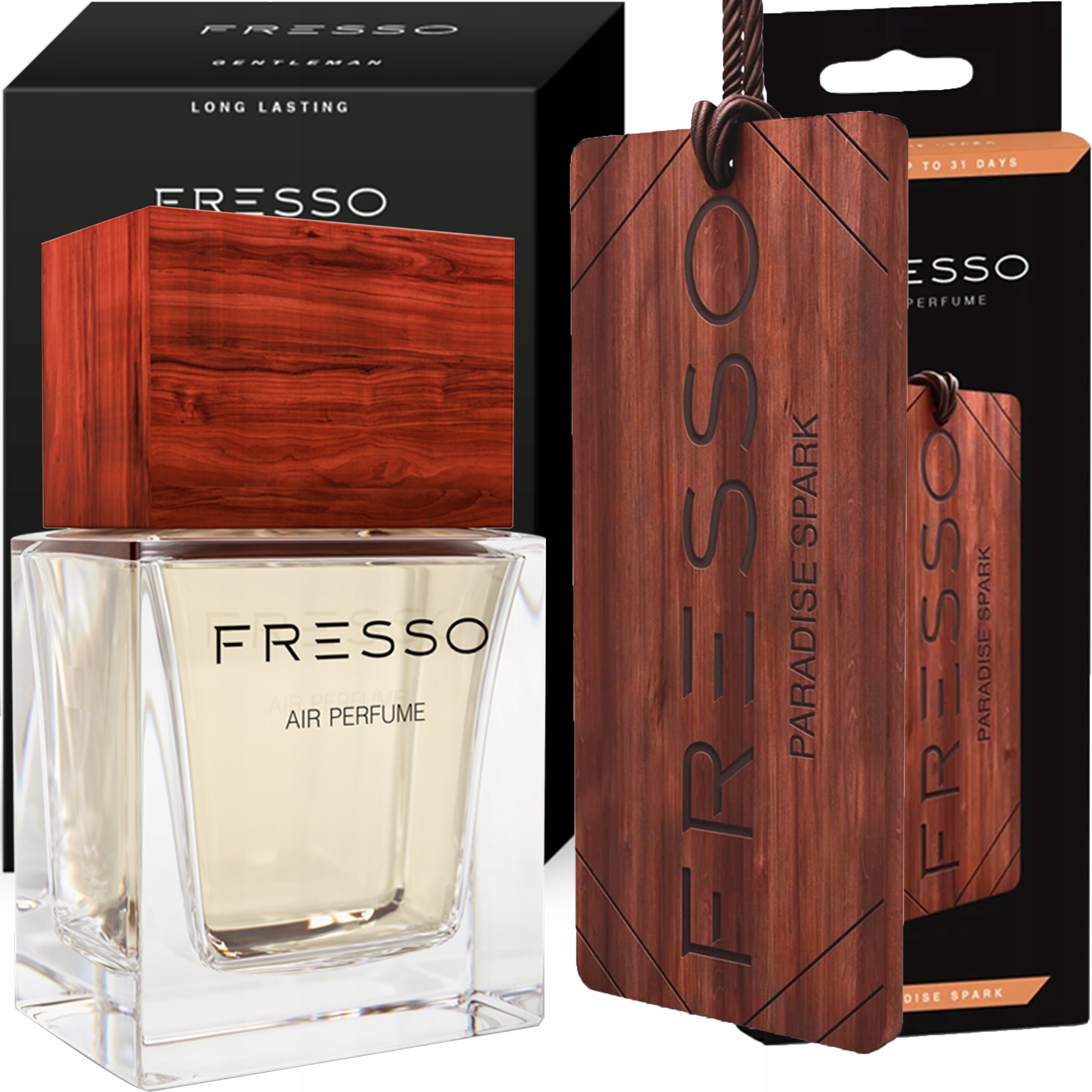 FRESSO PARADISE SPARK PERFUMY ZAPACH SAMOCHODOWY 50ML + ZAWIESZKA DREWNIANA
