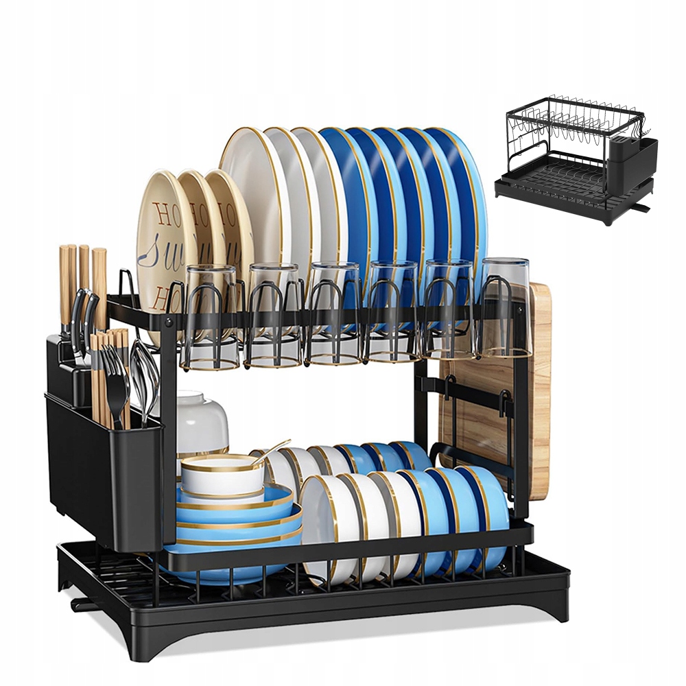 Levně Sušička Na Talíře A Příbory Dvouúrovňová Černá S Podnosem Na Vodu