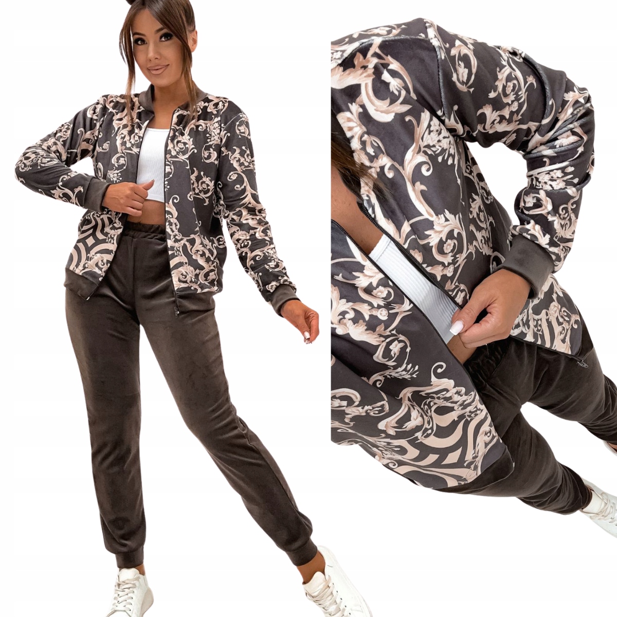 Dámský velurový teplákovka s mikinou na zip bez kapuce Mikina kalhoty 8252 S/m