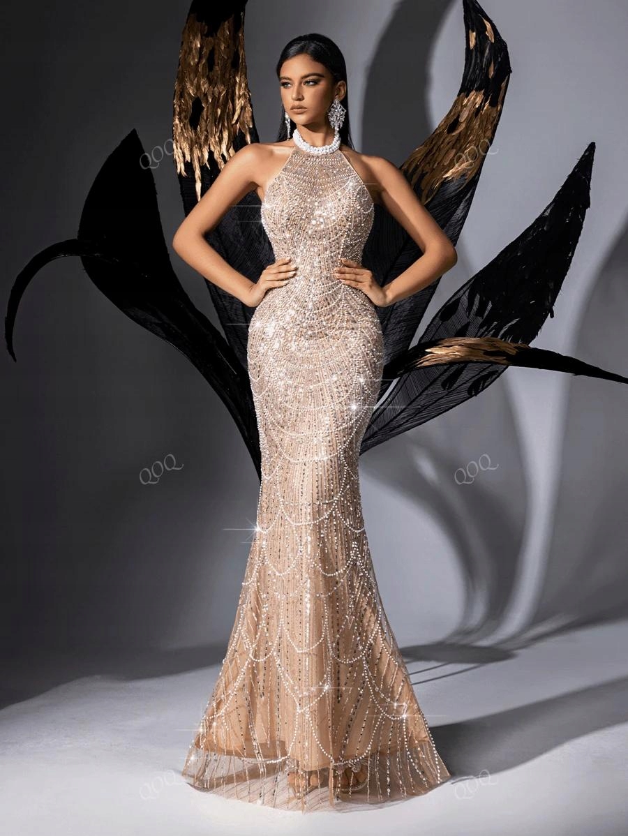 CC47313 Shein Bohatě Zdobené Šaty Maxi Perly Flitry (12) S