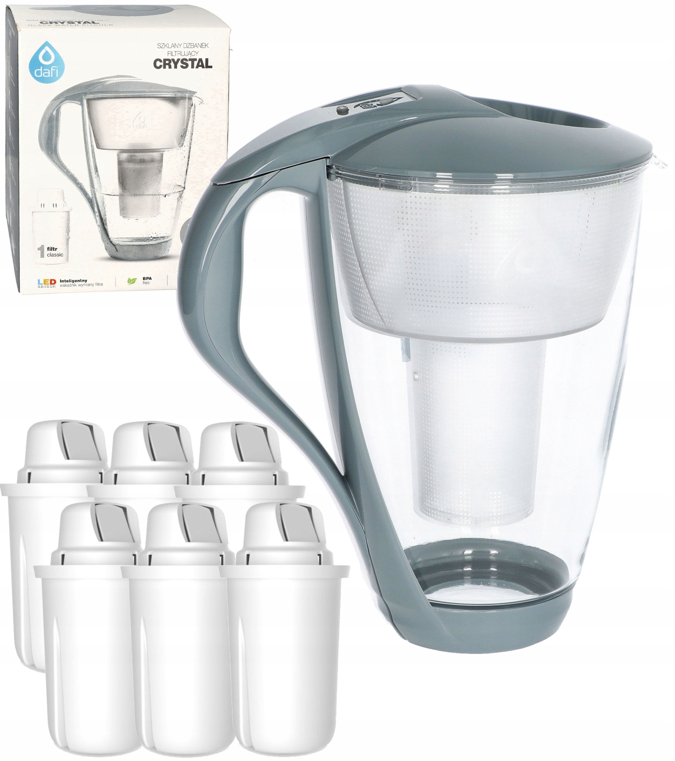 Dzbanek filtrujący szklany Dafi Crystal Led szary 2L 6 filtrów Dafi