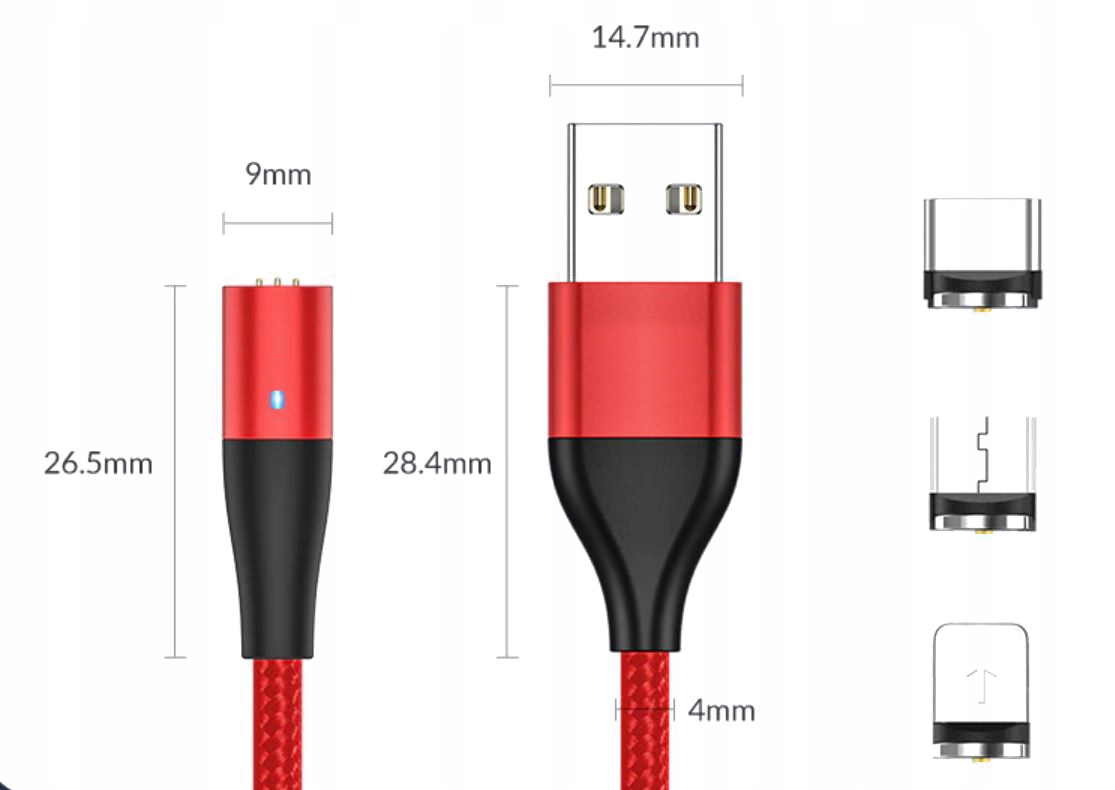 KABEL MAGNETYCZNY 3w1 5A MICRO TYP-C USB-C IPHONE Kolor czerwony