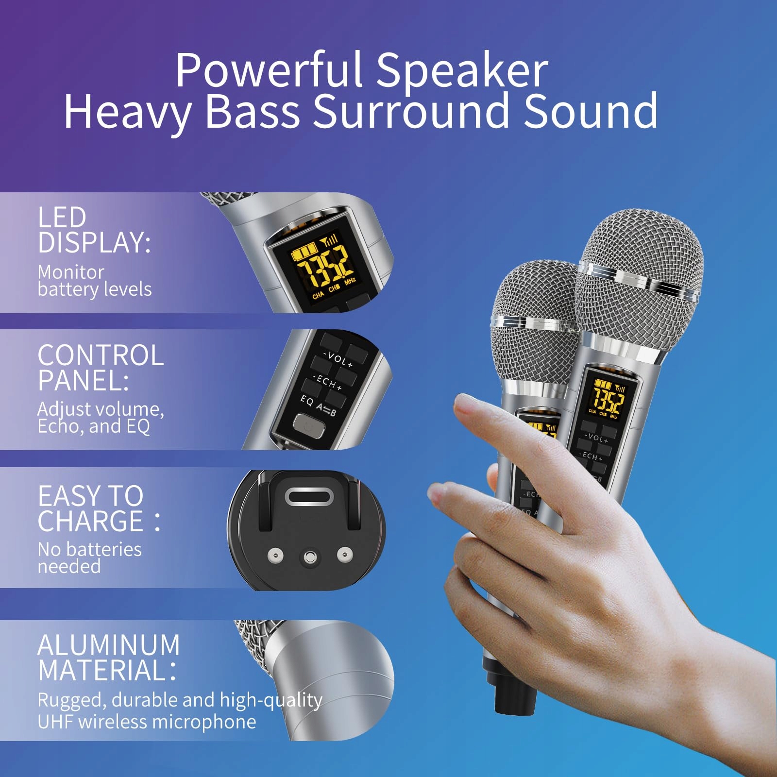 Karaoke Maszyna: 20W Bluetooth Głośnik z Mikrofonami Bezprzewodowymi — miniatura 3