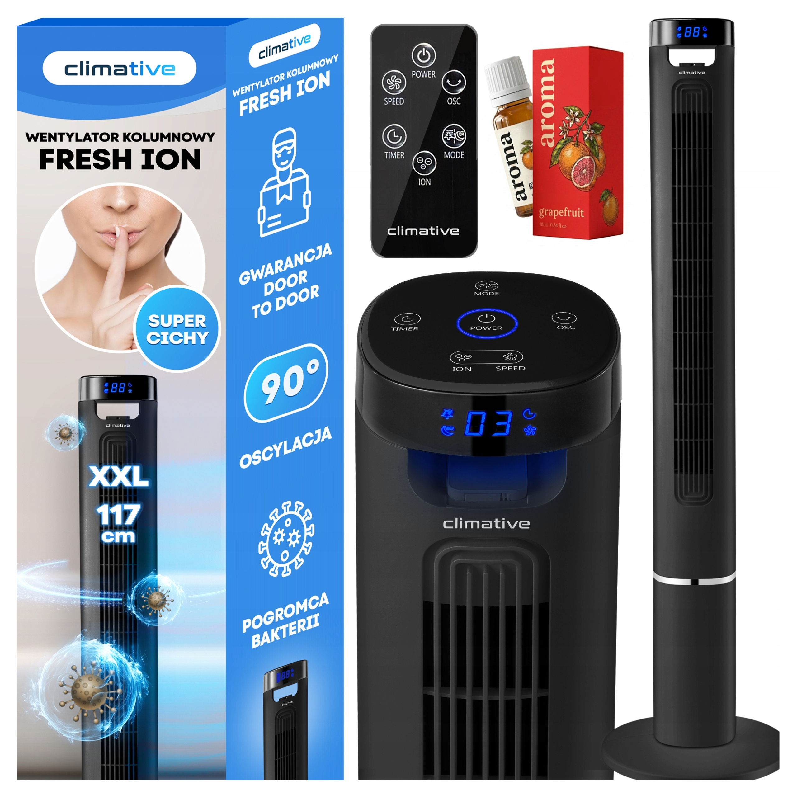 Silný Stĺpový Ventilátor Stojanový Ventilátor Ionizácia Aroma 117 cm Fresh XXL
