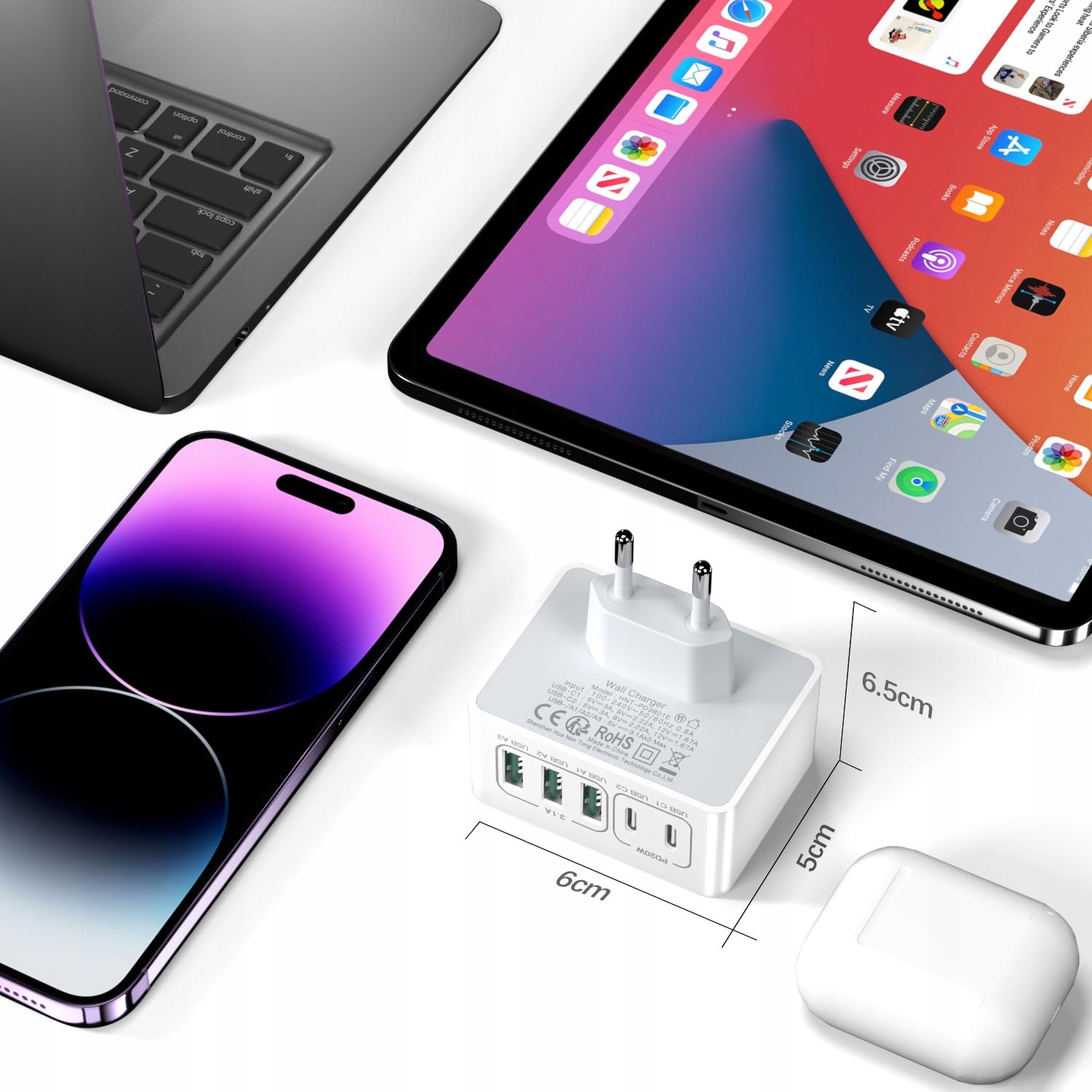 HONGYEE Ładowarka USB C 50W Szybkie Ładowanie 5 Portów do iPhone Android — miniatura 8