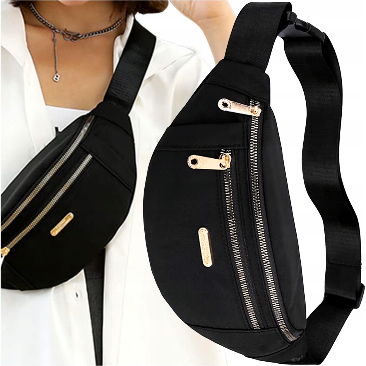 Damska Czarna Wodoodporna Nerka Pojemna miejska saszetka