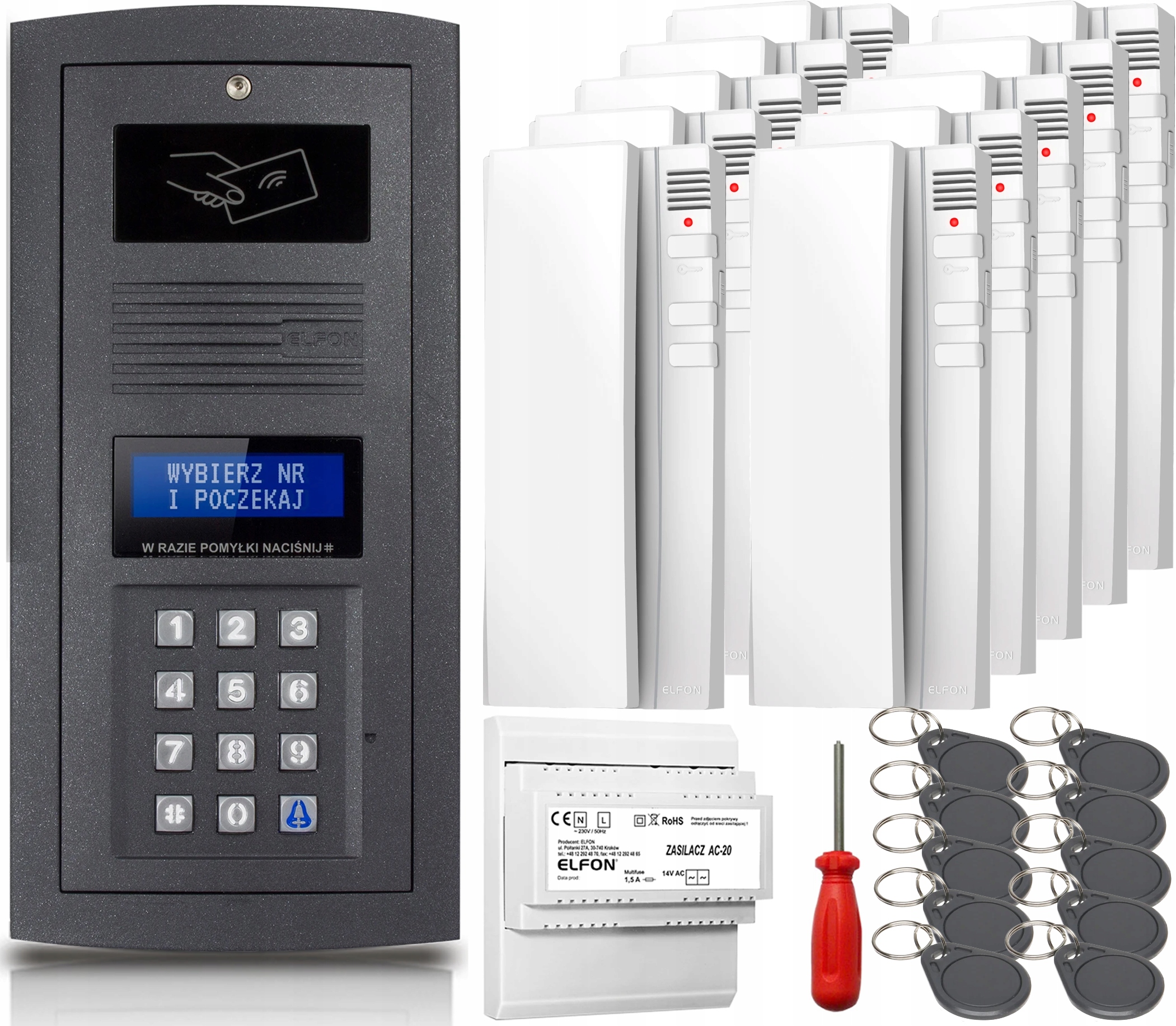 Domofonová sada 10x Unifon Elfon OP-255R-G Digitální nástěnný bílý Přívěsek Na Klíče