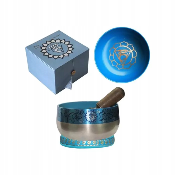 Zpívající miska na krční čakru, stříbrná mosaz světle modrá