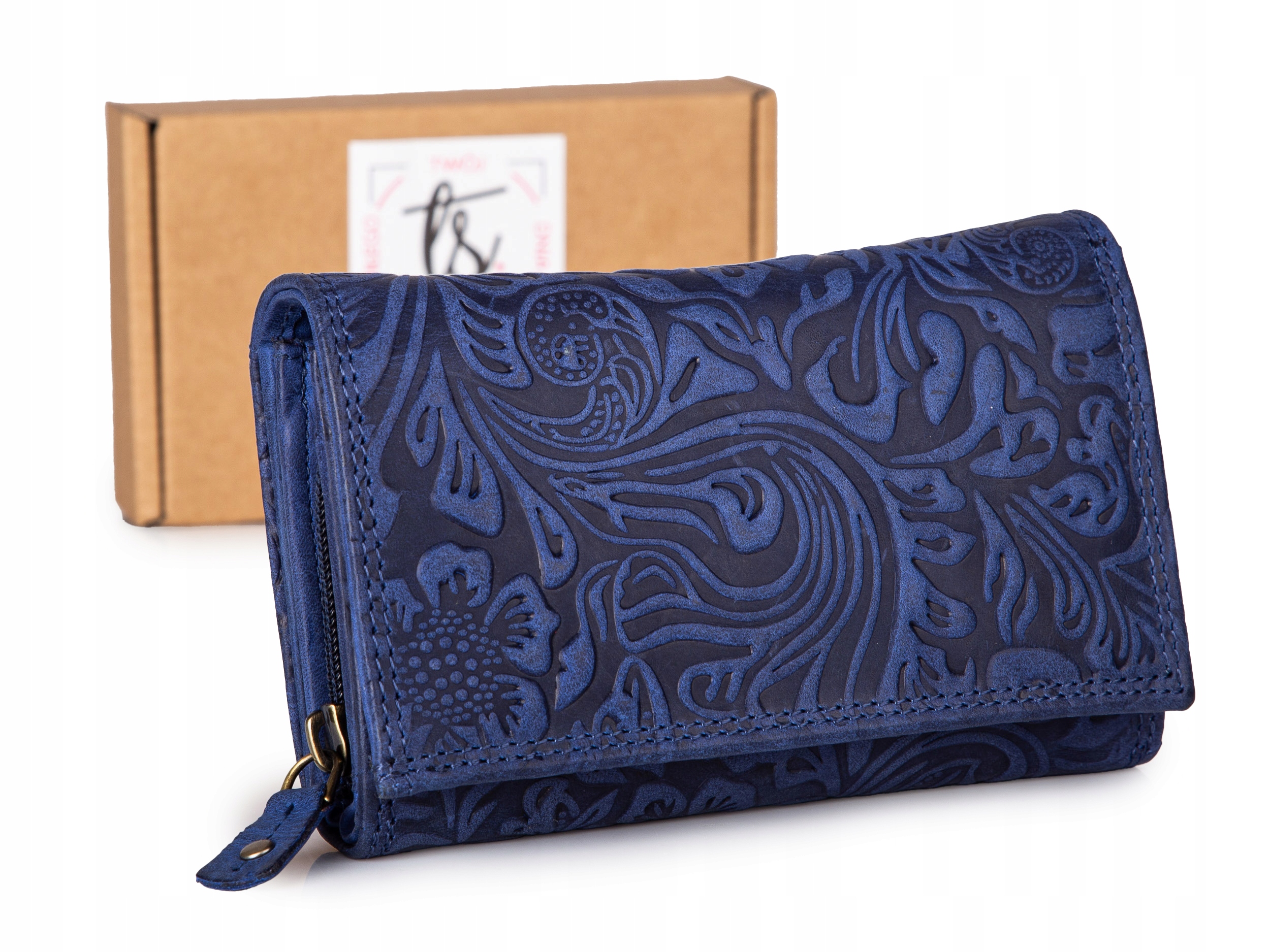 Velká dámská kožená peněženka s květinovým vzorem ručně šitá Rfid, tmavě modrá