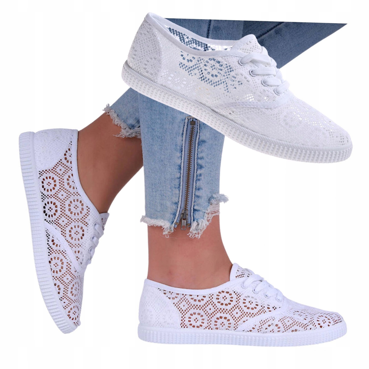Sznurowane buty białe trampki damskie letnie ażurowe tenisówki P4