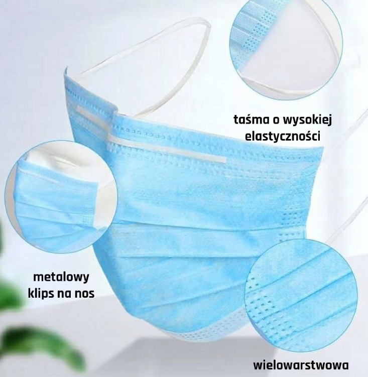 MASKA MASECZKA OCHRONNA ANTYWIRUSOWA MEDYCZNA SMOG Kolor dominujący odcienie niebieskiego