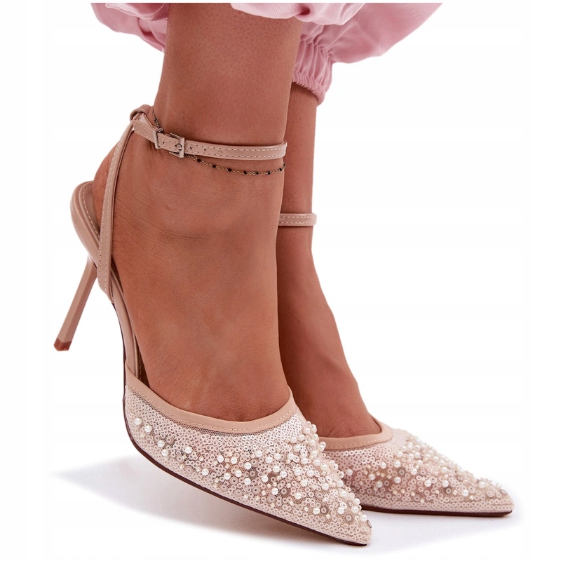 Sandały Na Szpilce Cekiny Koraliki Szpiczaste Noski Beżowe 39