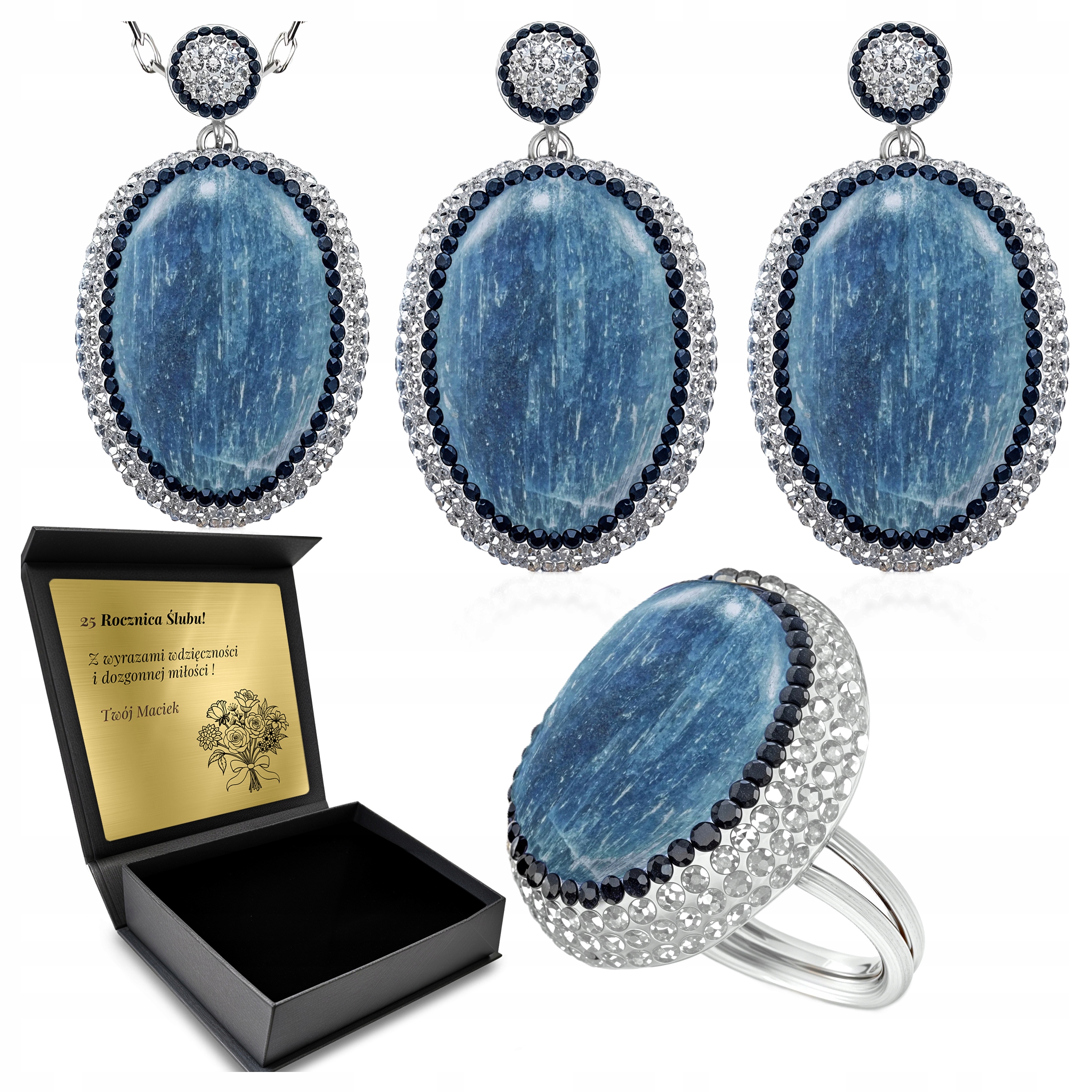 Stříbrné Šperky Komplet Pro Ženy S Zirkony Kyanit Gravírování Bonus