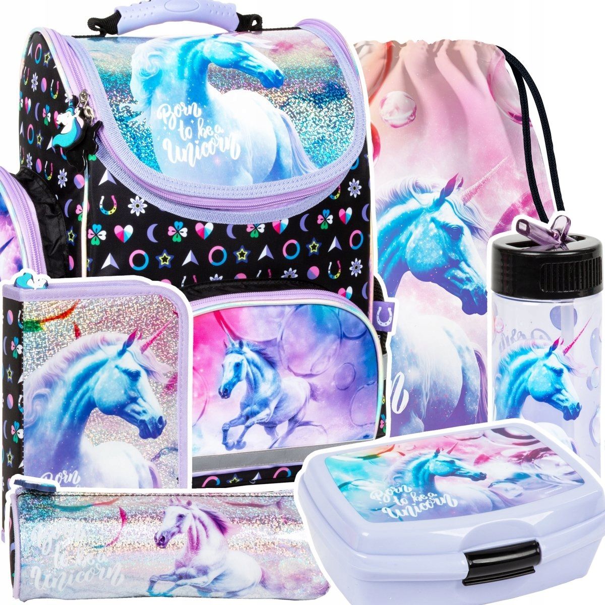 TORNISTER SZKOLNY ZESTAW JEDNOROŻEC DLA DZIEWCZYNKI DO 1 KLASY UNICORN 6cz.