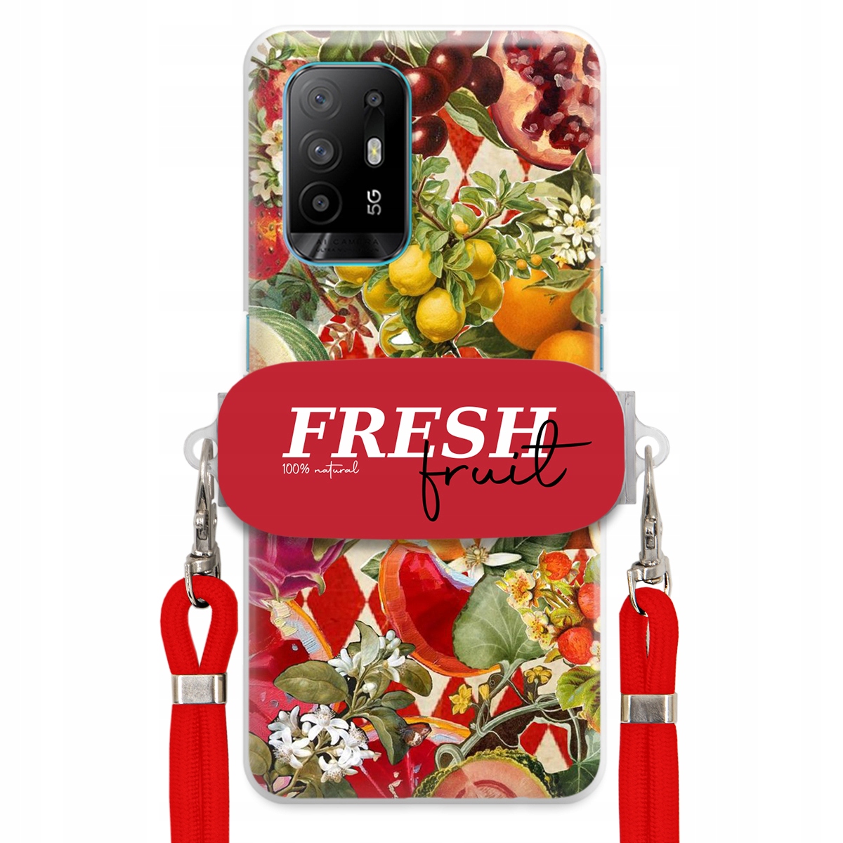 Puzdro pre Oppo A94 5G Červené Crossbody vodítko držiak Fresh Fruit Ovocné