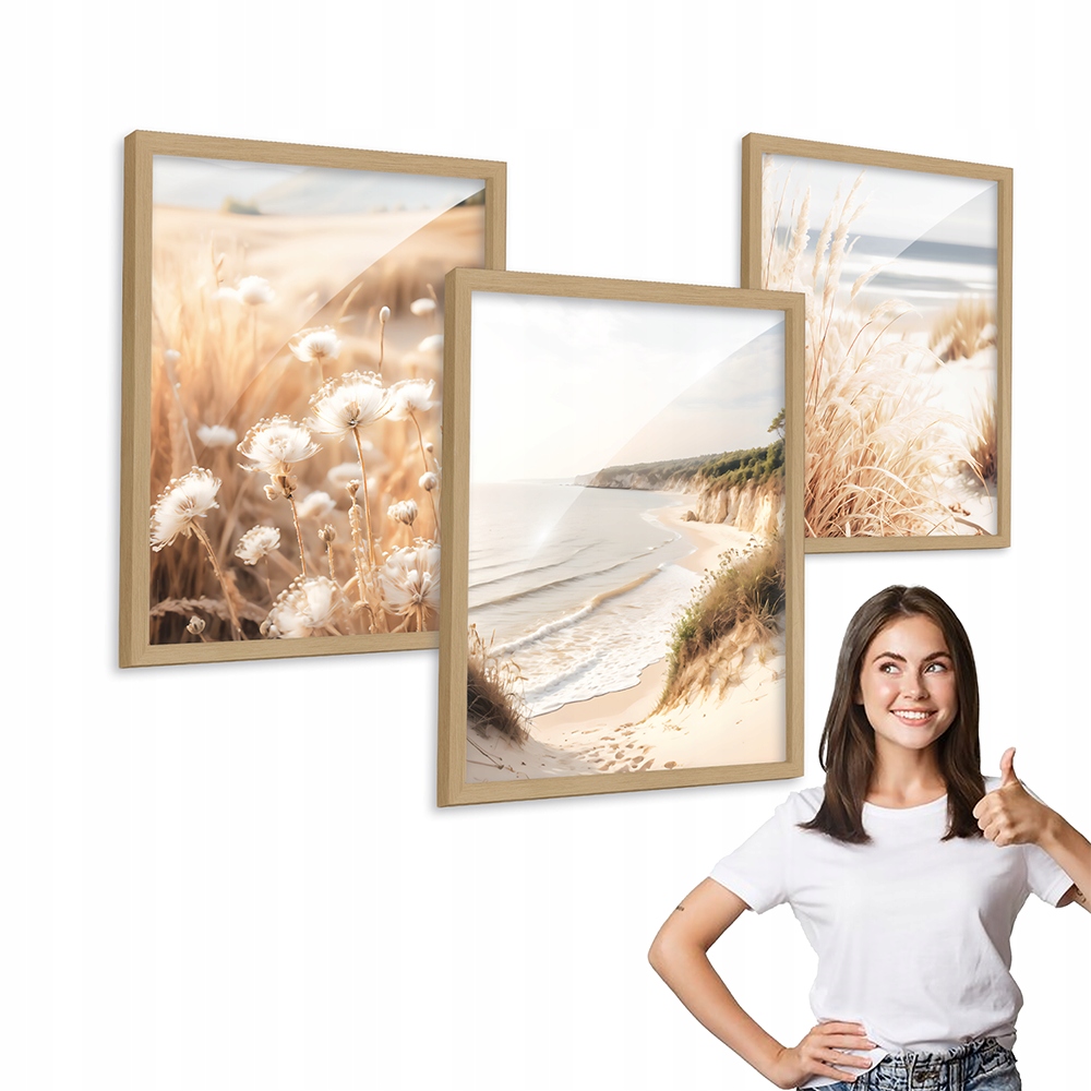 Sada 3 obrazů Boho Moře Příroda dřevěný rámeček 30x40 triptych do obývacího pokoje