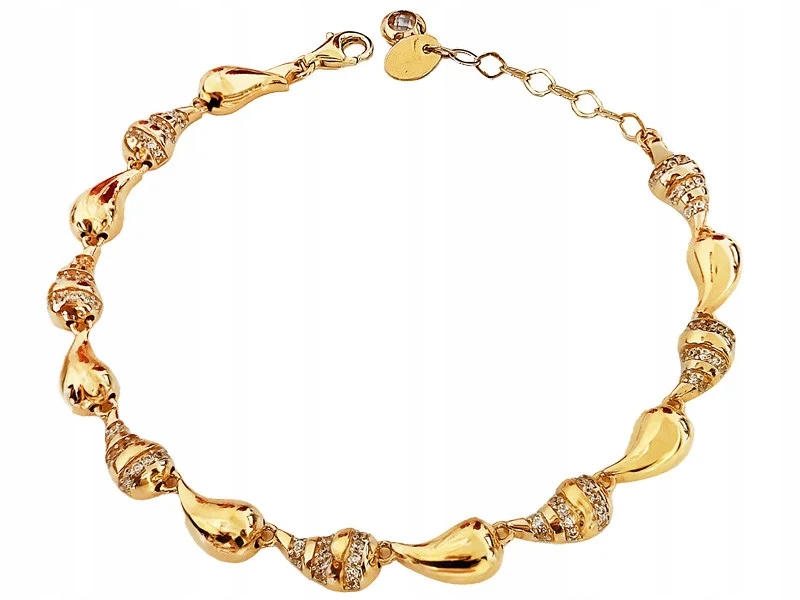 Zlatý náramek 585 kusů s lesklými kapkami a bílými zirkony 14k