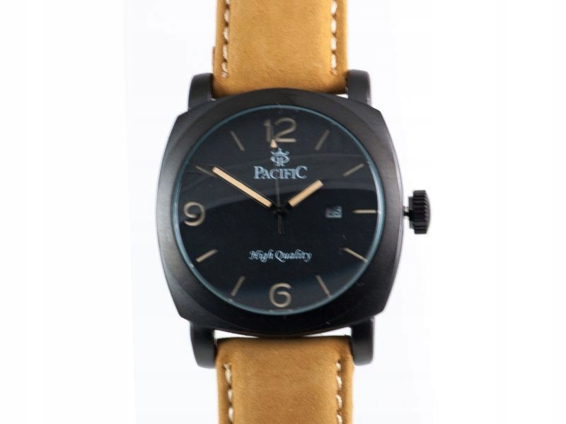 Pánské hodinky na koženém řemínku s černým čtvercovým pouzdrem a kulatým ciferníkem