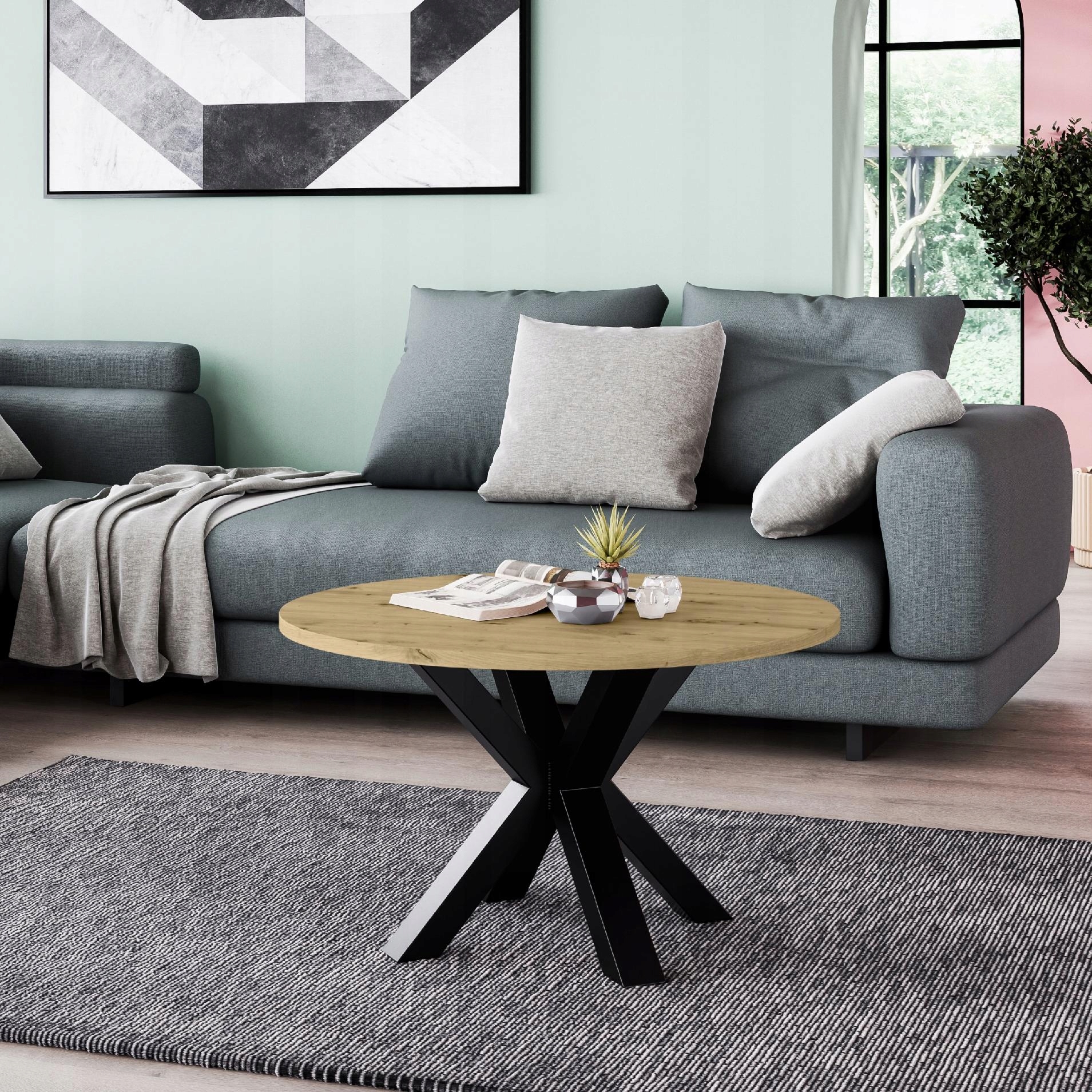 Malý konferenční stolek Loft kulatý černý, stolek lavice do obývacího pokoje. Dub Artisan