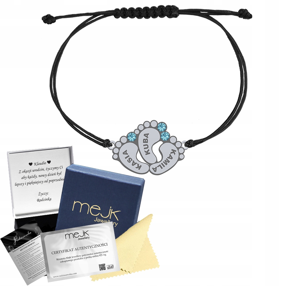 Stříbrný náramek s nožičkami Jméno dítěte Šňůrka Den matek Gravírování