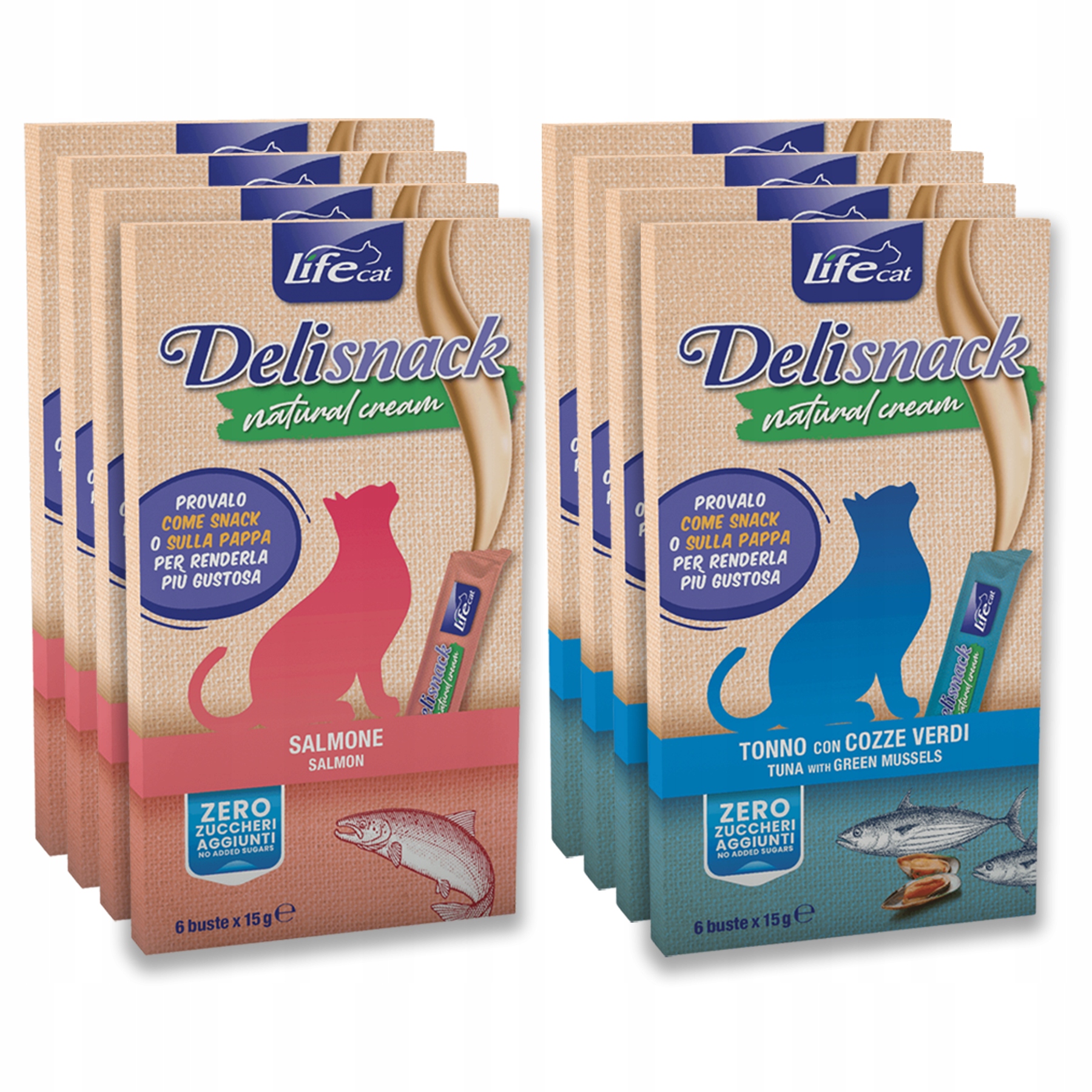 Levně Life Cat Deli Snack Natural Cream 6x15g 8 ks MIX rybích pochoutek