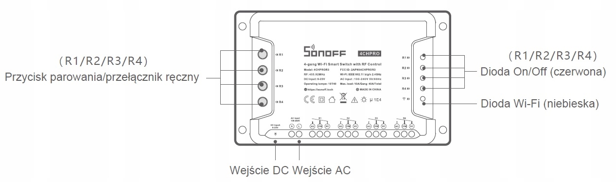 Sonoff 4CH PRO BEZNAPIĘCIOWY 4 Kanały Czujnik Temperatury SUPLA 1x3mb Marka Sonoff