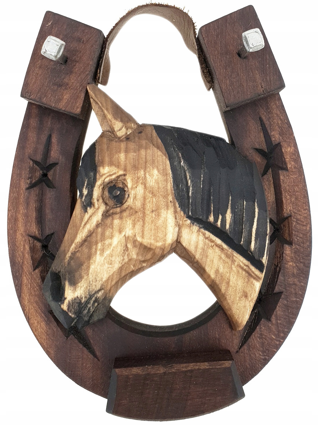 

Rzeźbiony Koń Podkowa Na Szczęście Drewniana 17cm.