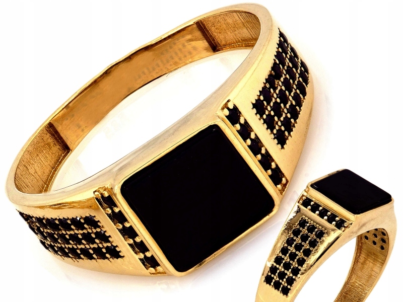 Zlatý prsten 585 14k vzor zdobený černým kamenem a zirkony 4.63g R25