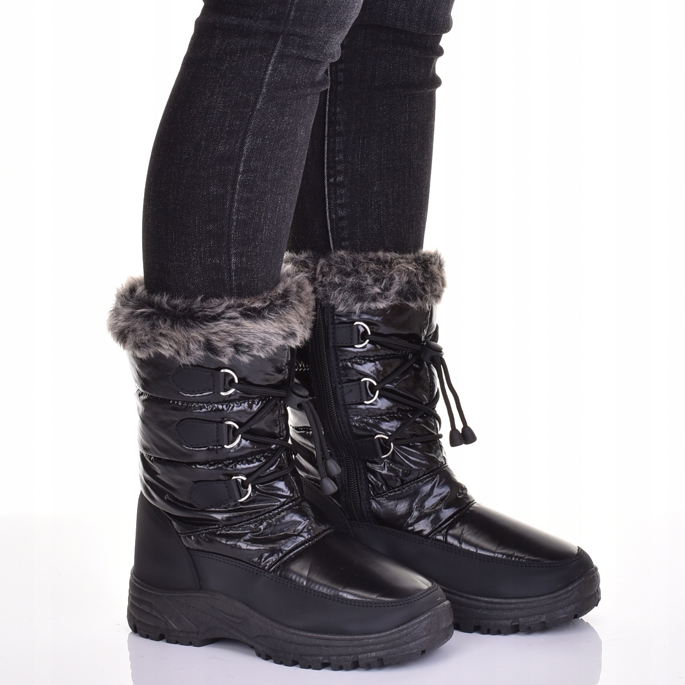 MOCNO OCIEPLANE BUTY ZIMOWE DAMSKIE ŚNIEGOWCE WSUWANE NA ŚCIĄGACZ Oryginalne opakowanie producenta pudełko