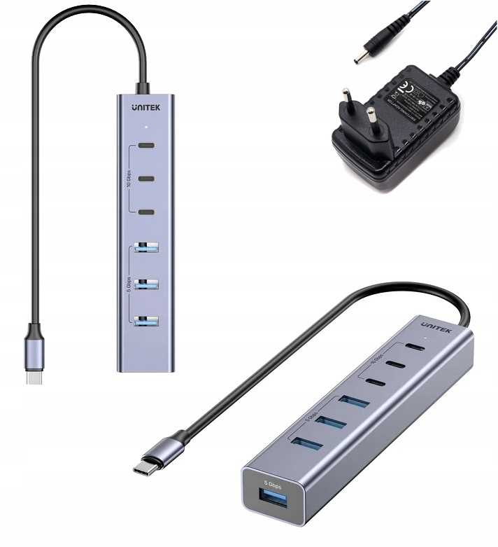 Unitek H1335AGY01-EU Hliníkový Aktivní hub 3xUSB-C 10Gbps 4xUSB-A napájecí adaptér
