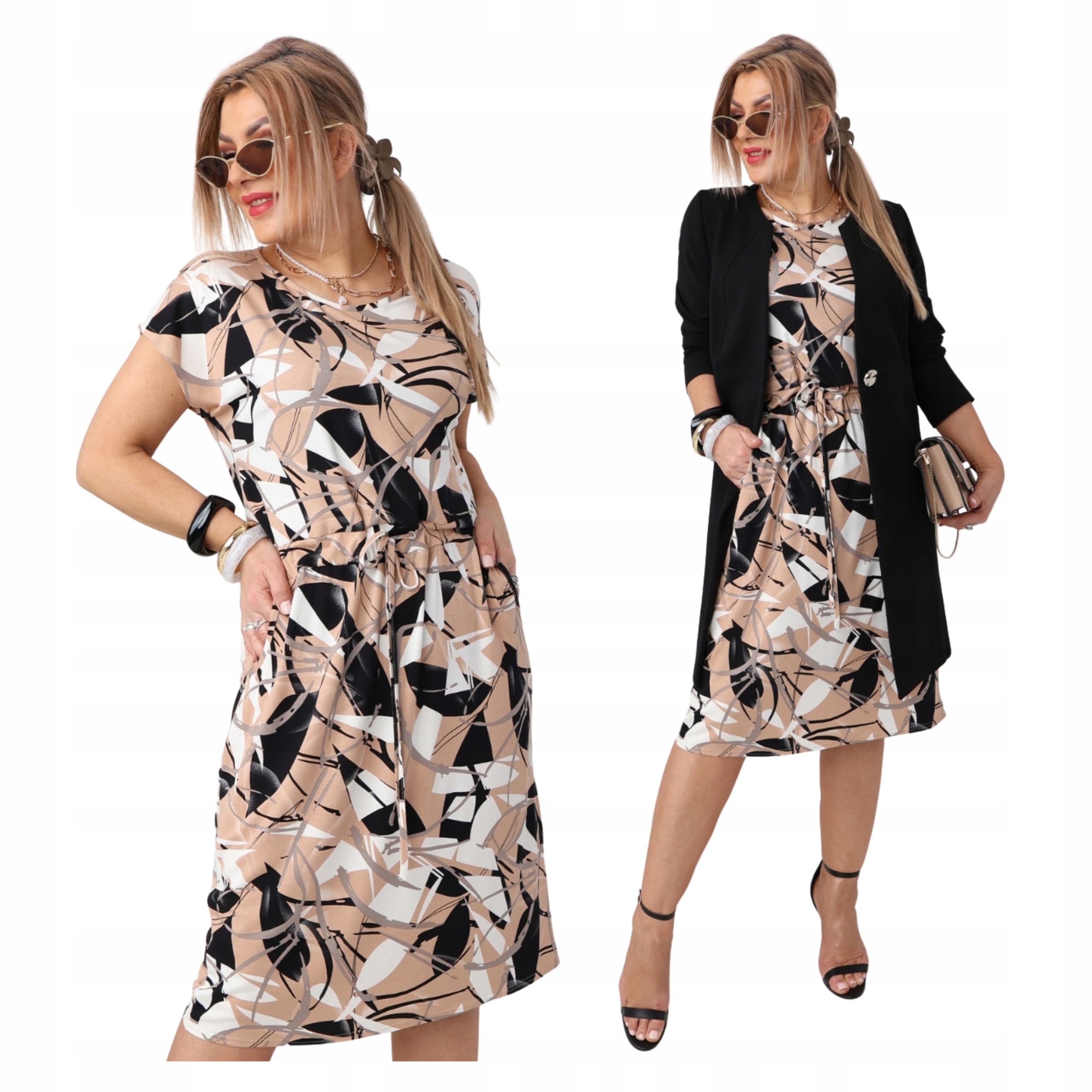 Sukienka wiązana w pasie zwiewna midi Polski Producent duże rozmiary letnia