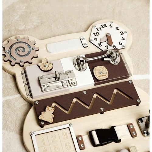 TABLICA MANIPULACYJNA SENSORYCZNA 14W1 EDUKACYJNA DREWNIANA MIŚ DLA DZIECI Baterie brak