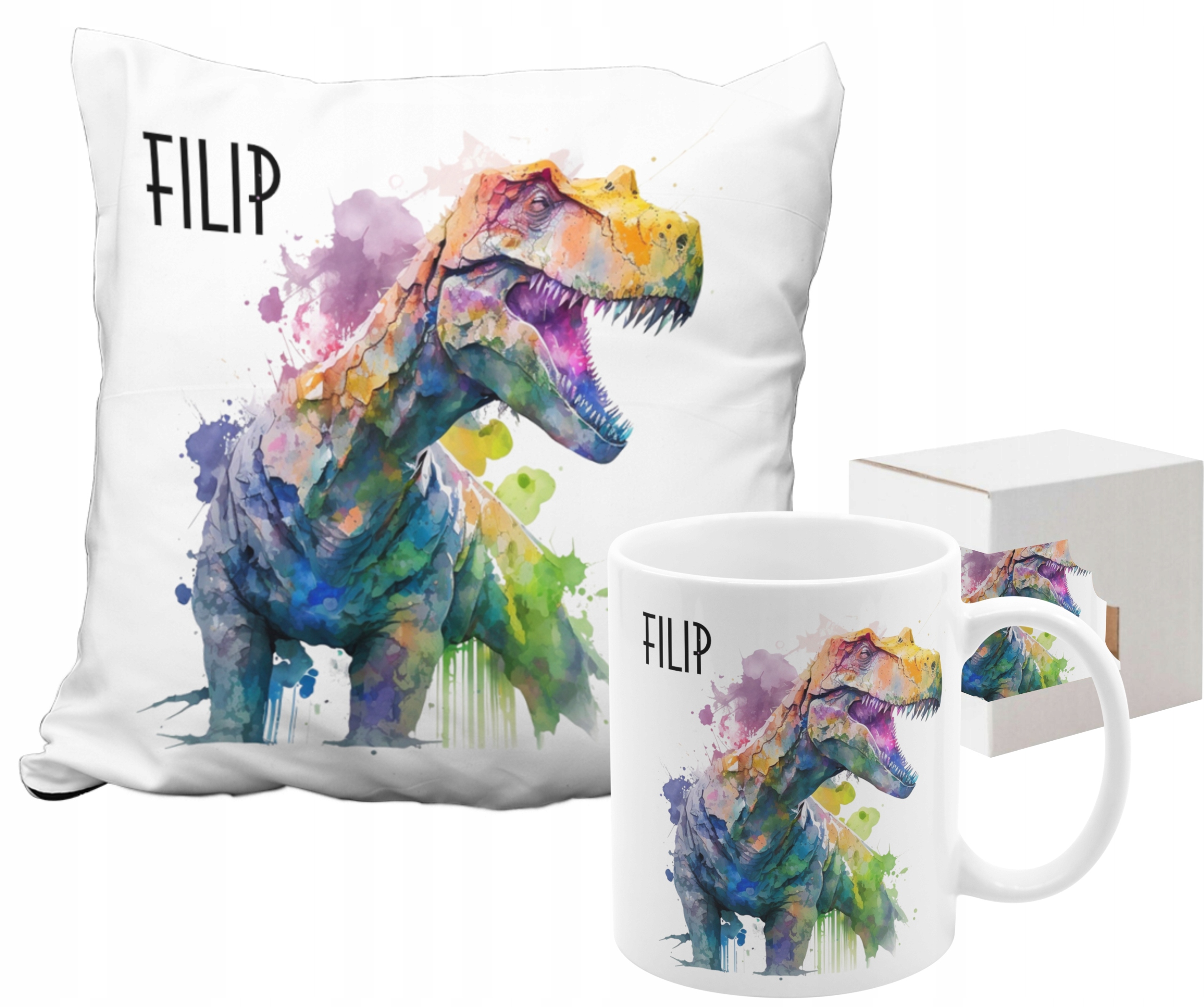 ZESTAW KUBEK PODUSZKA DINOZAUR T-REX Z IMIENIEM Szerokość produktu 38 cm