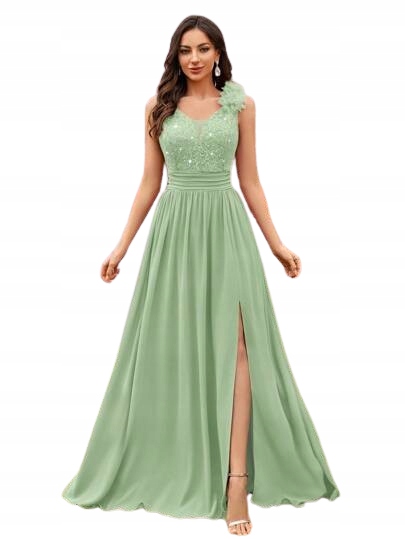 Shein Dlouhé Zelené Šaty S Krajkou A Rozparkem, Velikost XL 1DC