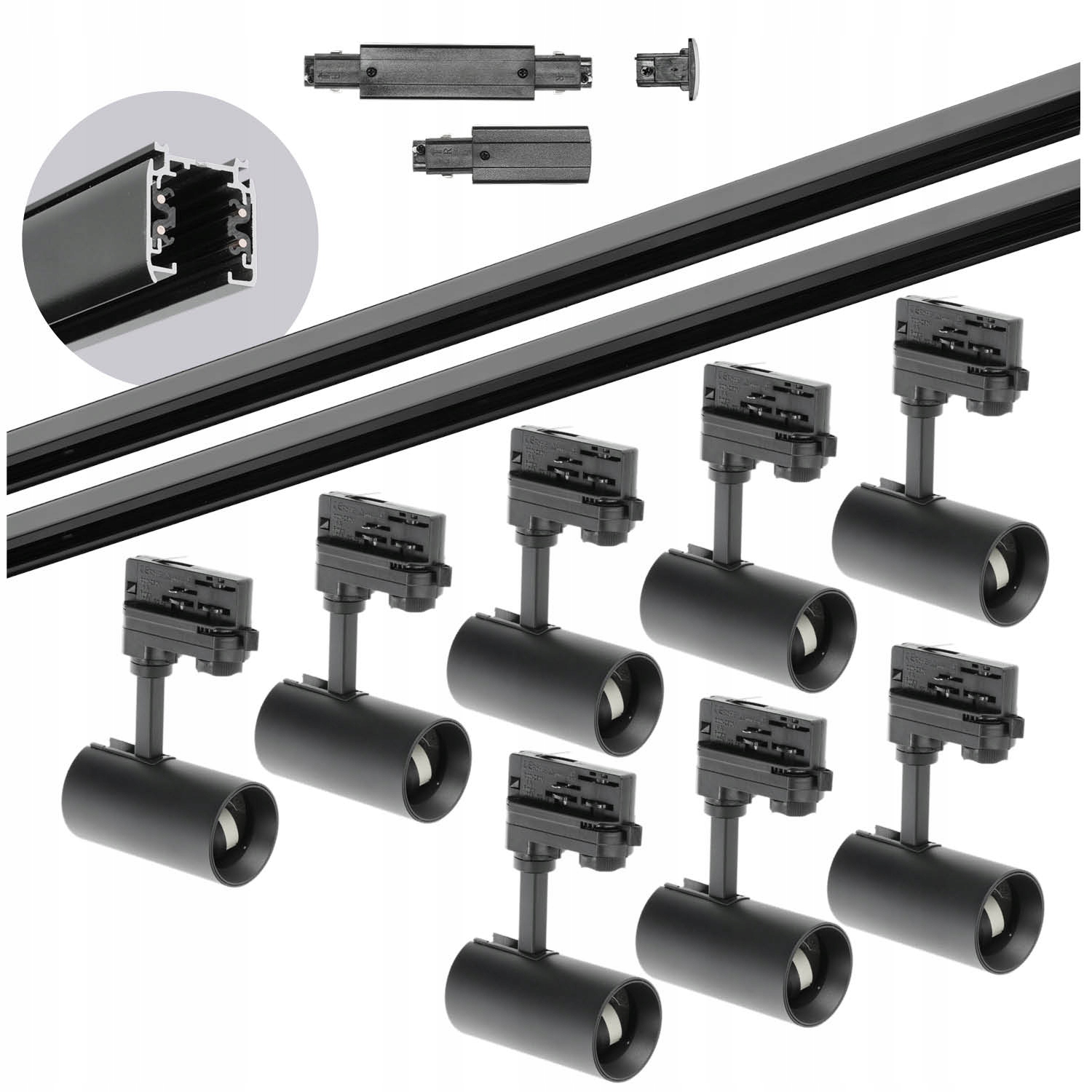 3-fázová kolejnicová sada Černá kolejnice 2m+2m, 8x reflektor GU10, spojka I