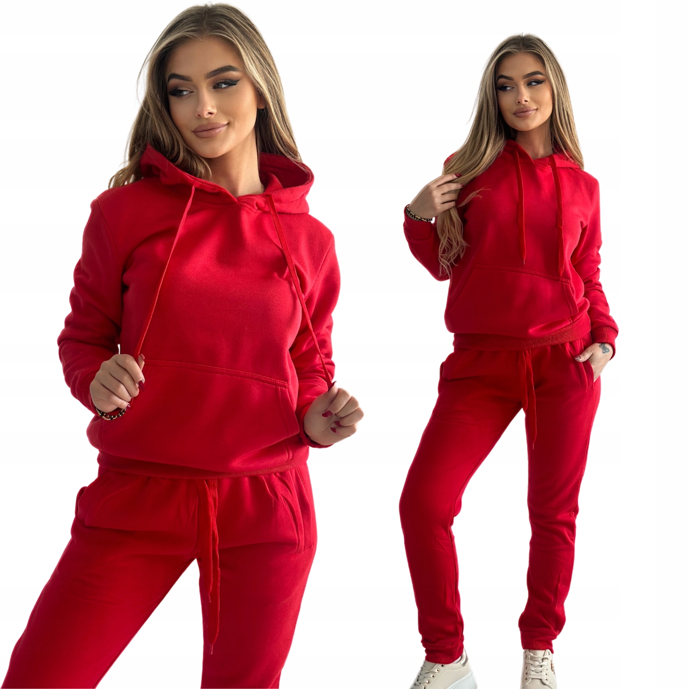 Komplet Damski Dresowy Czerwony Z Kapturem Ciepły I S