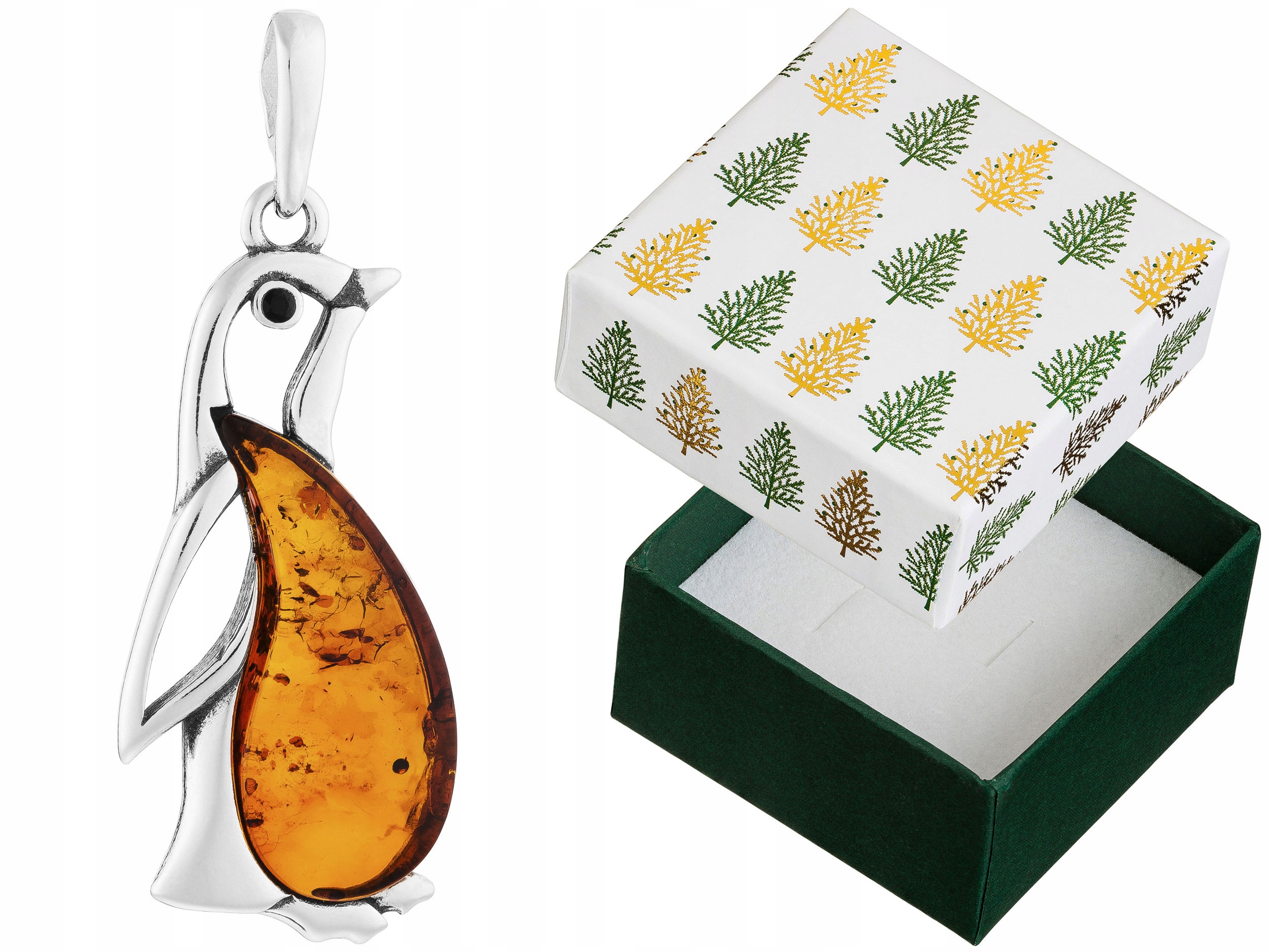 Stříbrný Přívěsek Tučňák s jantarem a zirkonií Oxidovaný přívěsek Stříbro