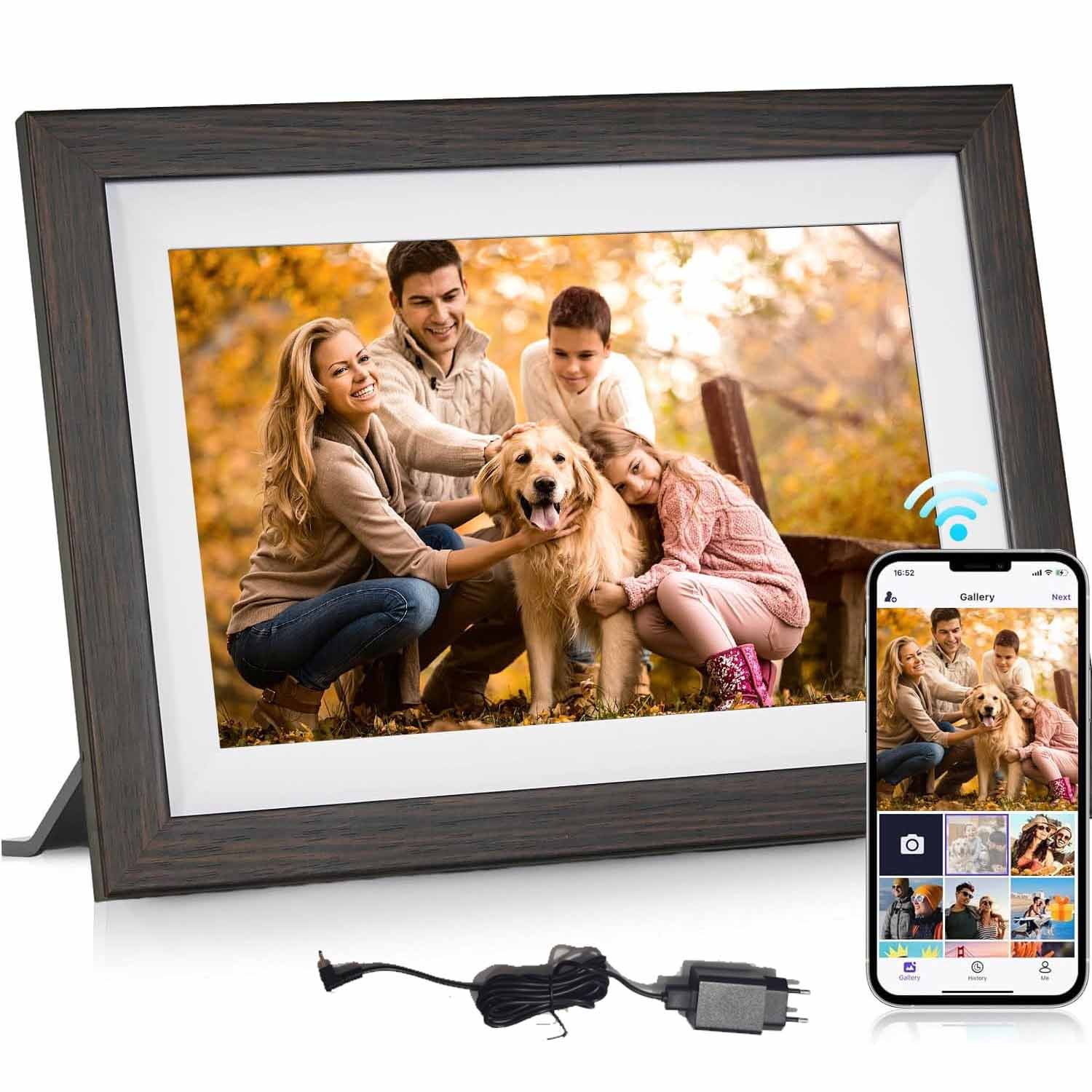 Digitální Fotorámeček Rámeček Dotykový Fotografie Videa Dřevo 10,1" Frameo 16GB