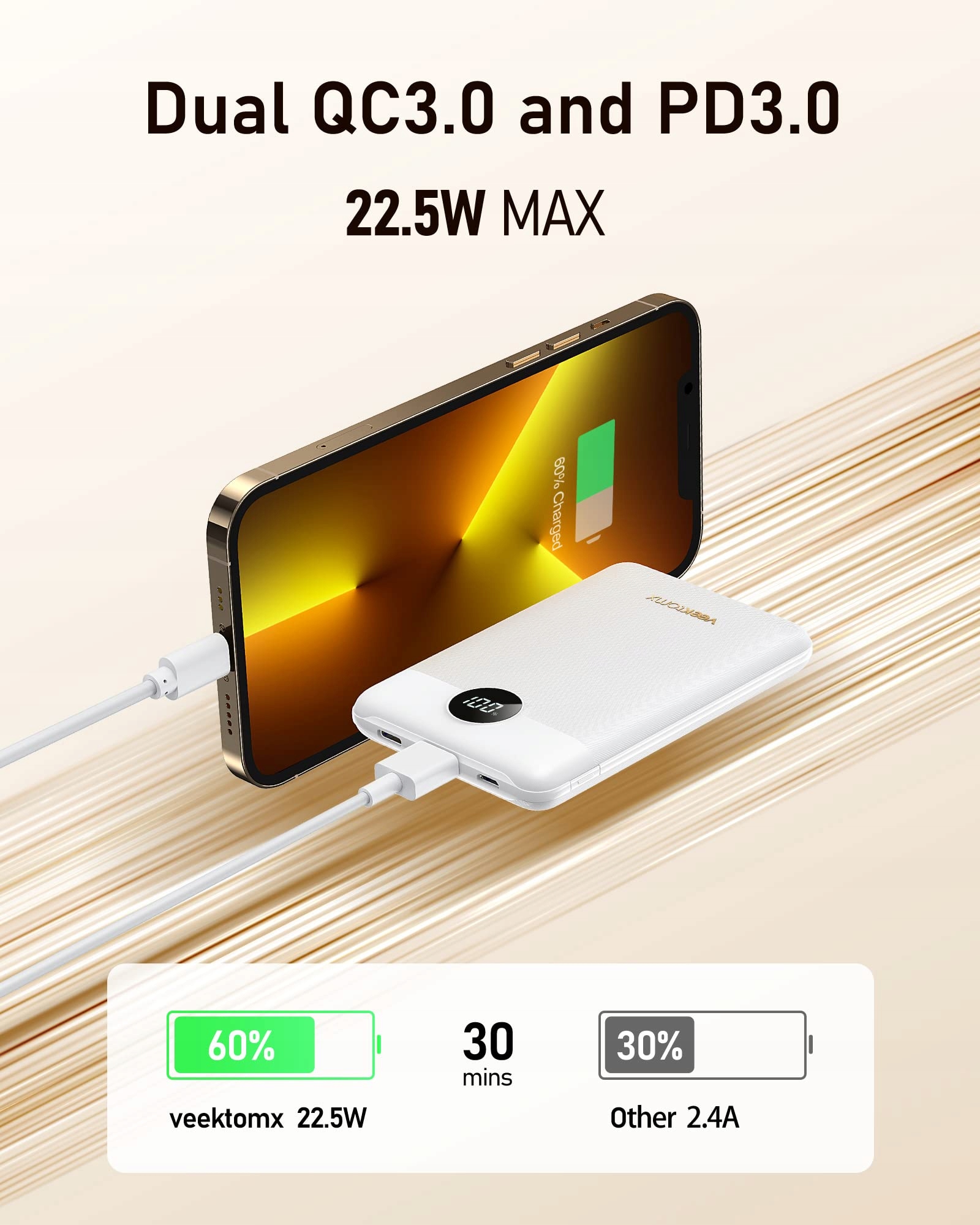 VEEKTOMX 10000mAh Powerbank, 22.5W USB-C for iPhone, Samsung, Huawei — miniatura 3