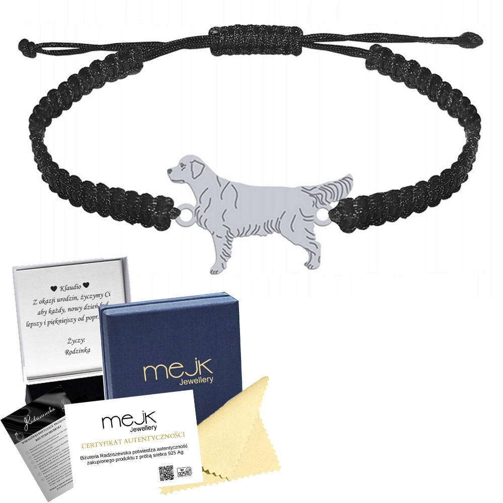 Stříbrný náramek se psem Zlatý retrívr 925 Dárek Makramé Gravírování