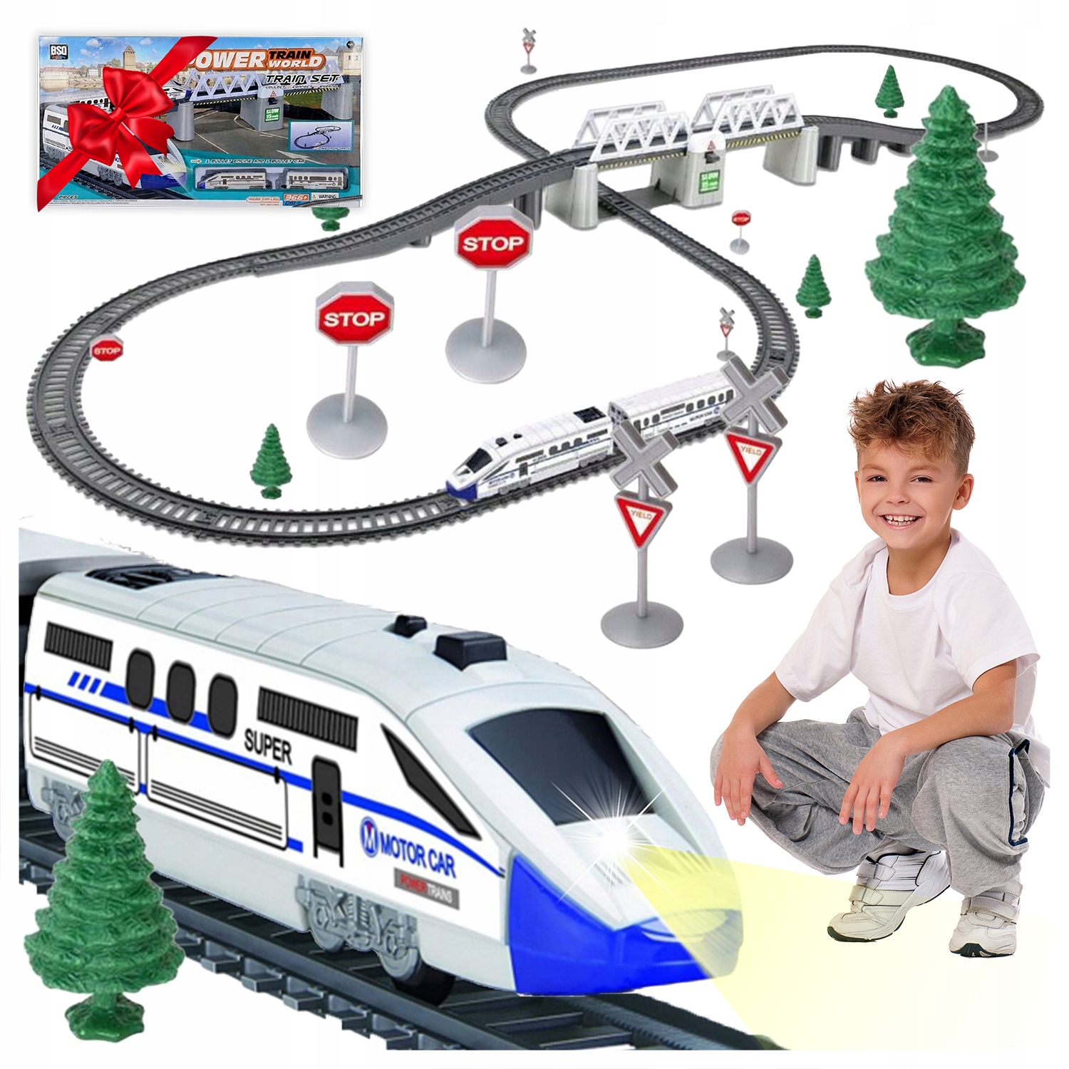 KOLEJKA ELEKTRYCZNA dla DZIECI RUCHOMY MOST POCIĄG LOKOMOTYWA TORY 366CM