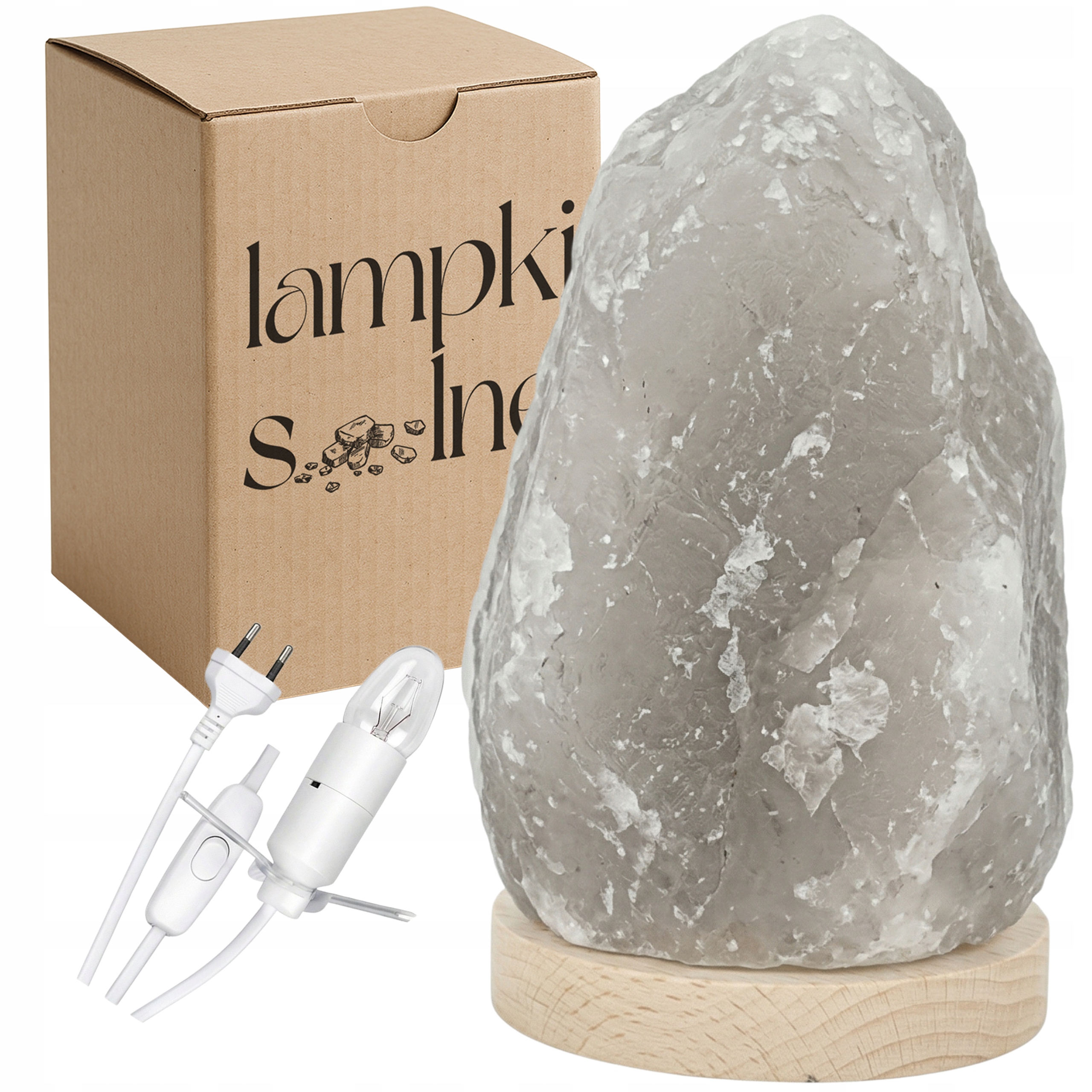 Solná lampa bílá Kłodawska z Polska 4-6 Kg Jonizator buková podstava