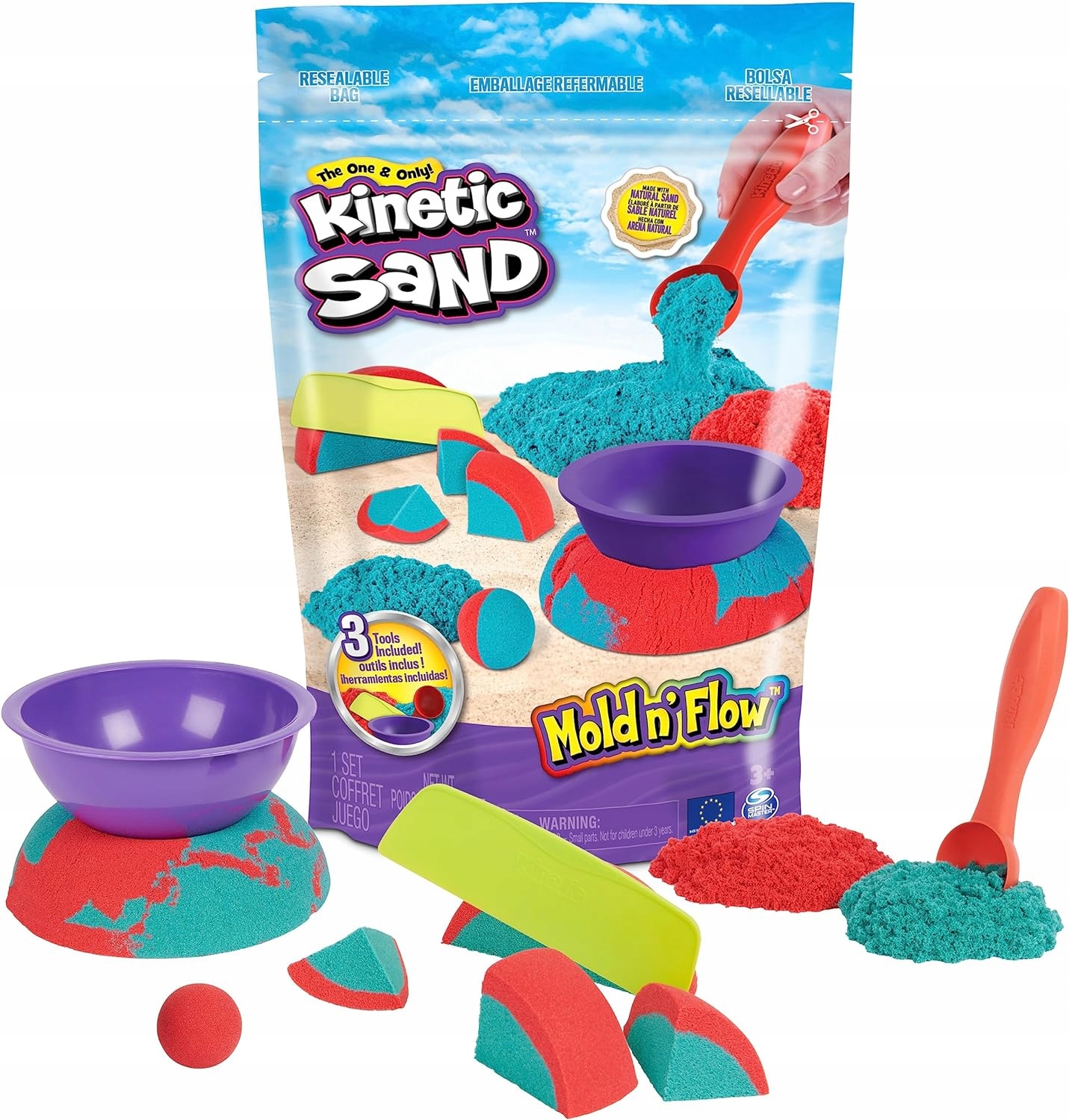 KINETIC SAND 2-KOLOROWY PIASEK KINETYCZNY MOLD N'FLOW + 3 AKCESORIA