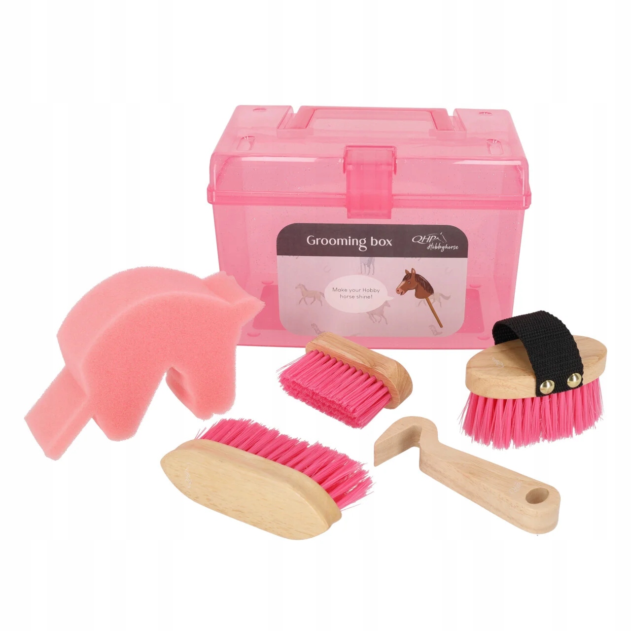 Skrzynka na szczotki dla konia na kiju Qhp Grooming Box Hobby Horse różowa