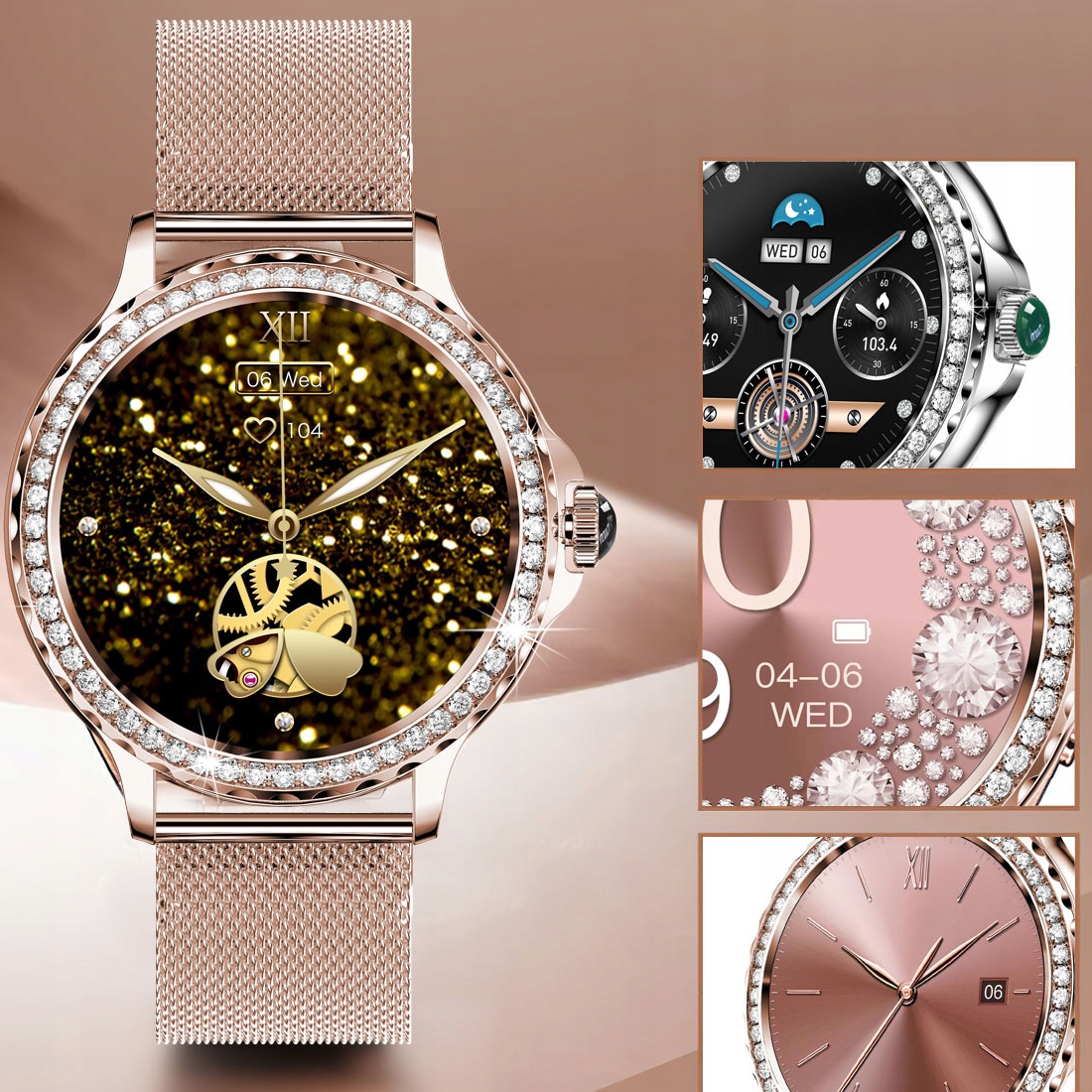 SMARTWATCH DAMSKI ZEGAREK ROZMOWY MENU PL PULS CIŚNIENIE DWA PASKI + GRATIS Kolor srebrny