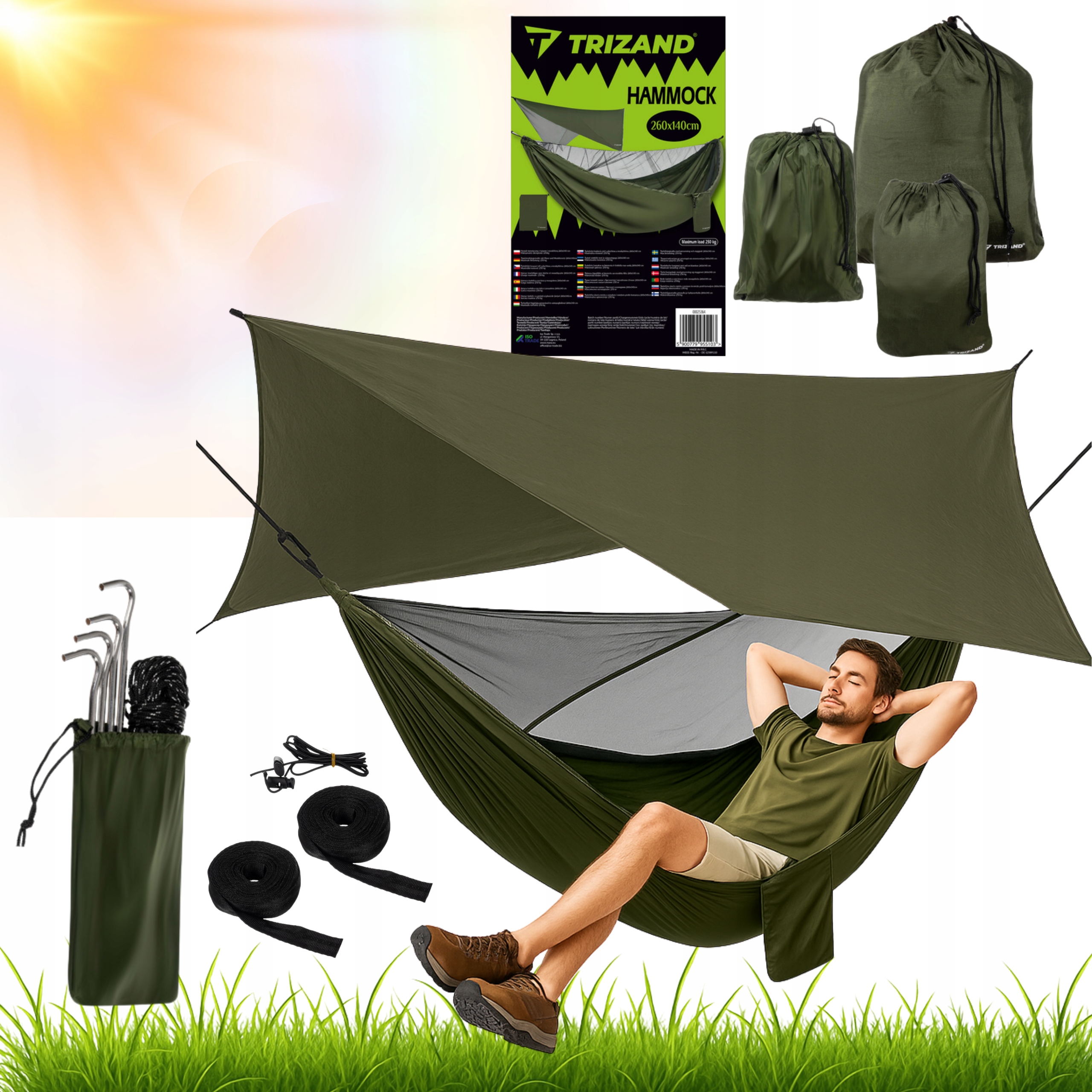 Hamak Turystyczny Z Moskitierą i Tarpem na Biwak Survivalowy 250kg 2 osoby