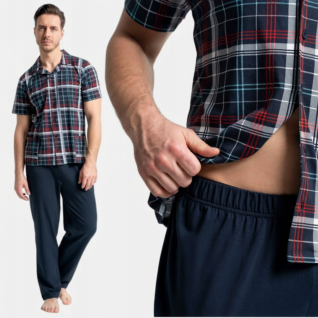 Pánské Bavlněné Pyžamo S Krátkým Rukávem, Rozepínací, Volné, Kostkované, Moraj, 2XL
